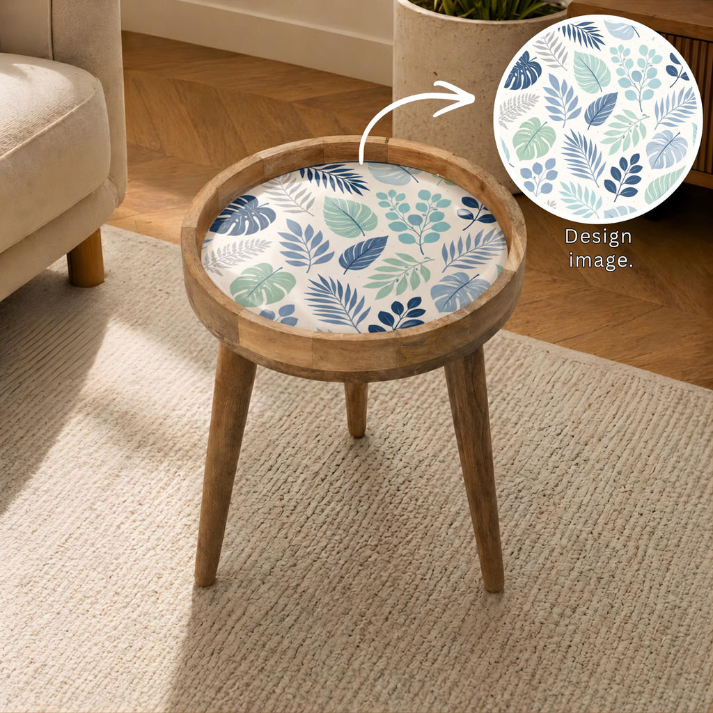 Handmade Printed Mango Wood Side Table | Botanical Leaf Round End Table | Boho Accent Furniture