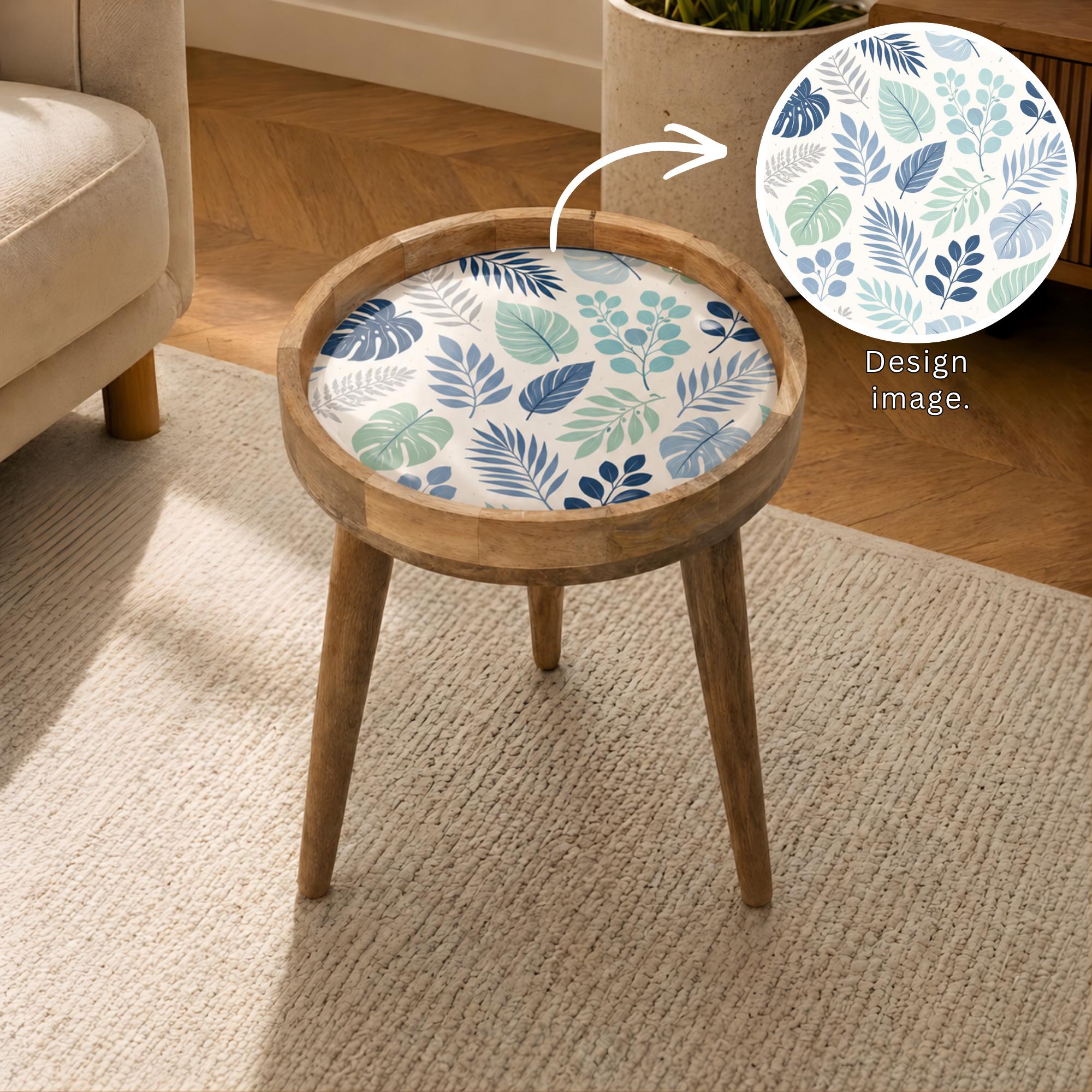 Handmade Printed Mango Wood Side Table | Botanical Leaf Round End Table | Boho Accent Furniture