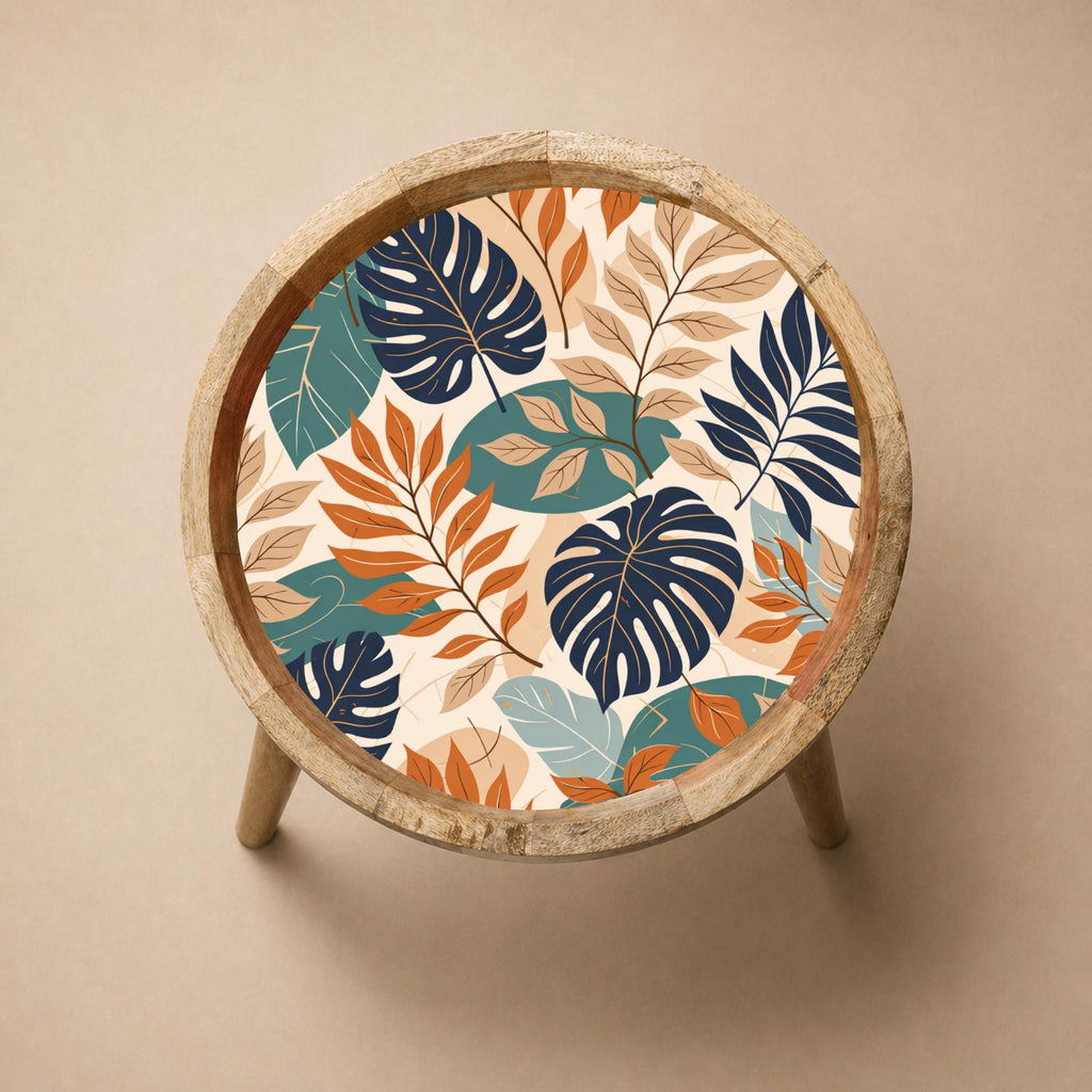 Handmade Printed Mango Wood Side Table | Tropical Leaf Round End Table | Boho Accent Furniture