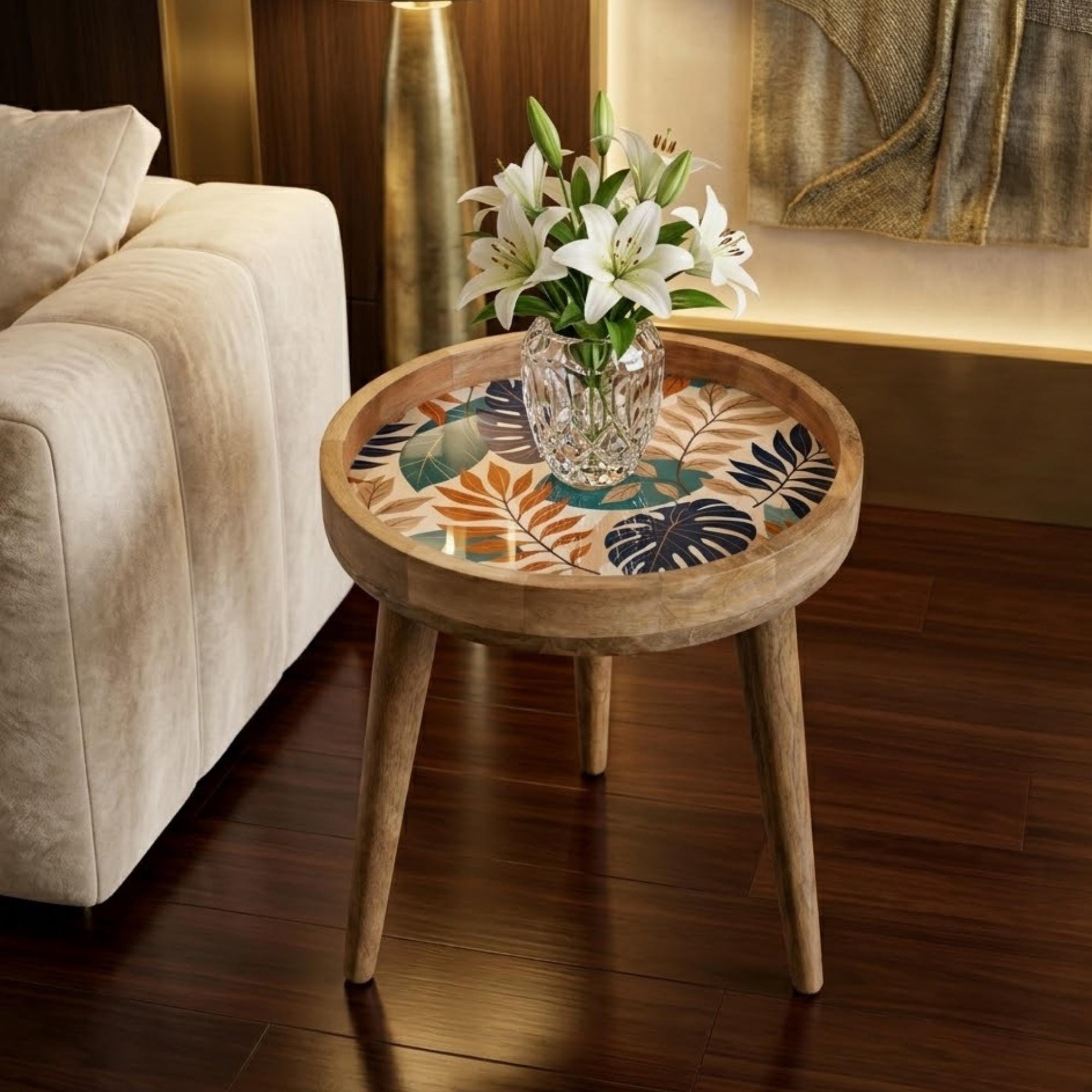 Handmade Printed Mango Wood Side Table | Tropical Leaf Round End Table | Boho Accent Furniture