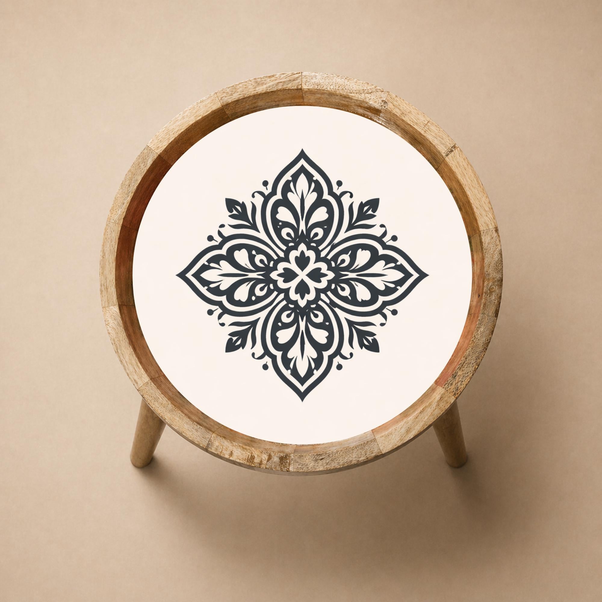 Handmade Mango Wood Side Table | Black White Mandala Round Accent Furniture