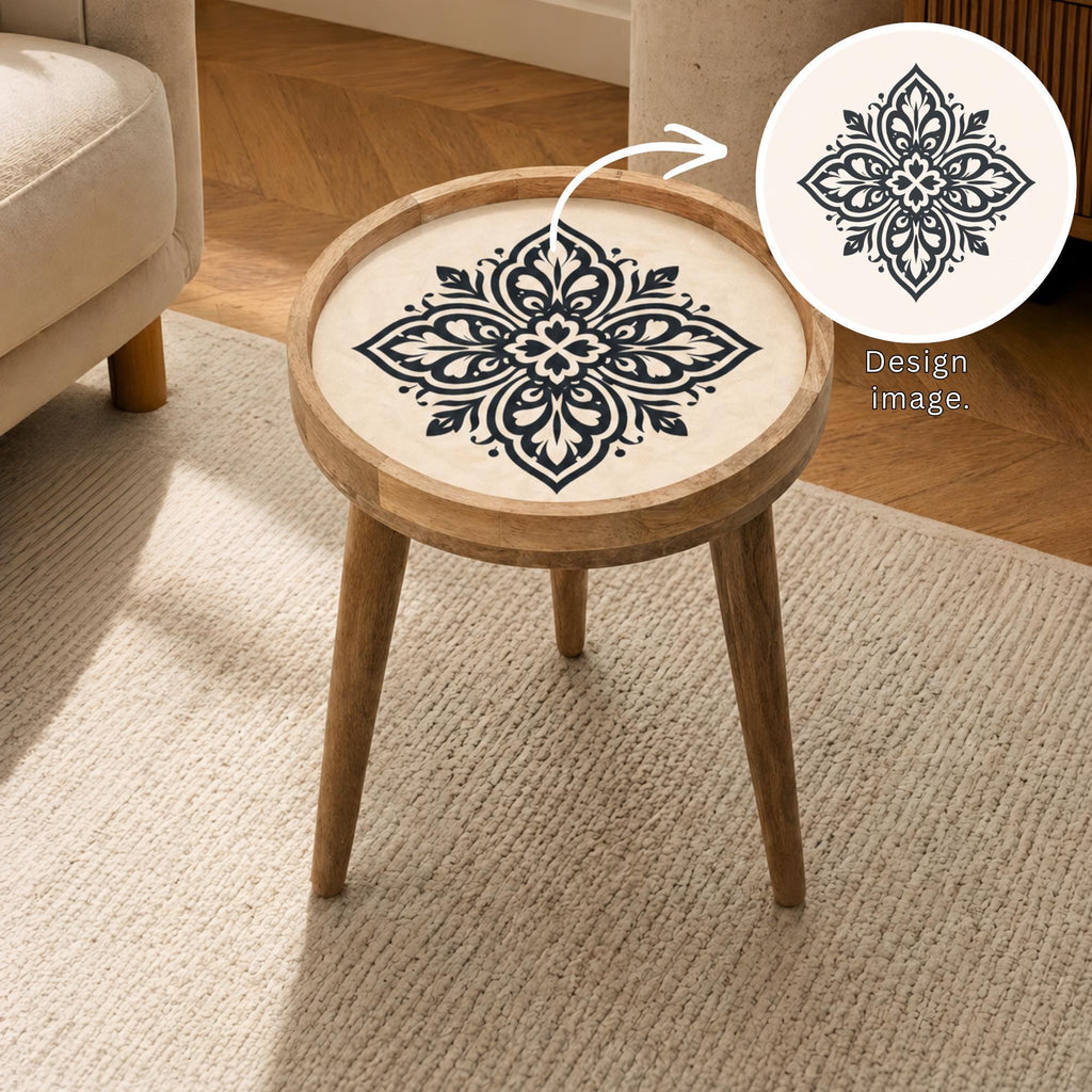 Handmade Mango Wood Side Table | Black White Mandala Round Accent Furniture