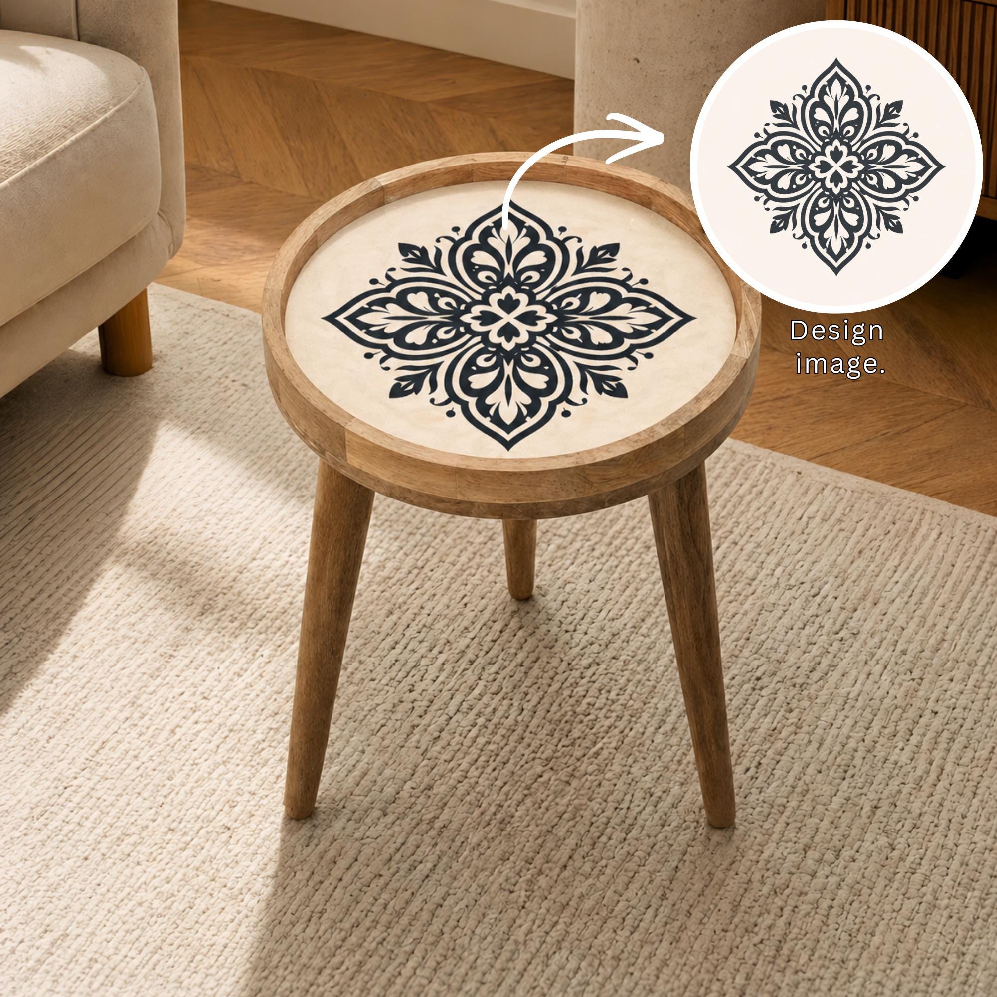 Handmade Mango Wood Side Table | Black White Mandala Round Accent Furniture