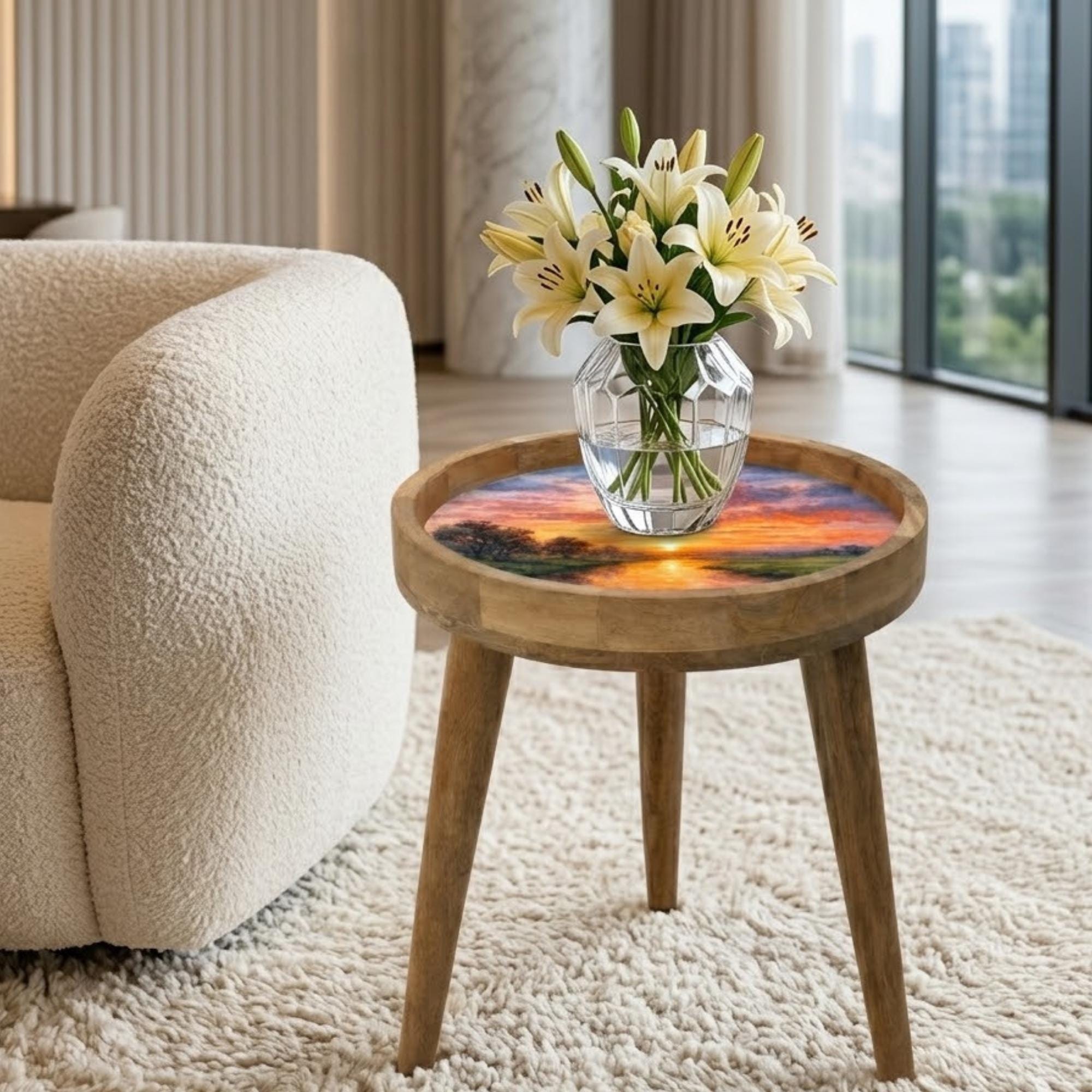 Handmade Printed Mango Wood Side Table | Sunset Landscape Round End Table | Artistic Accent Furniture