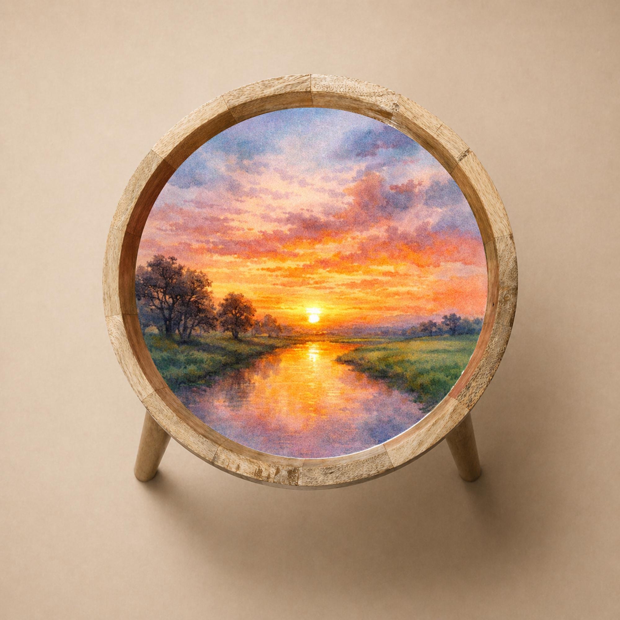 Handmade Printed Mango Wood Side Table | Sunset Landscape Round End Table | Artistic Accent Furniture