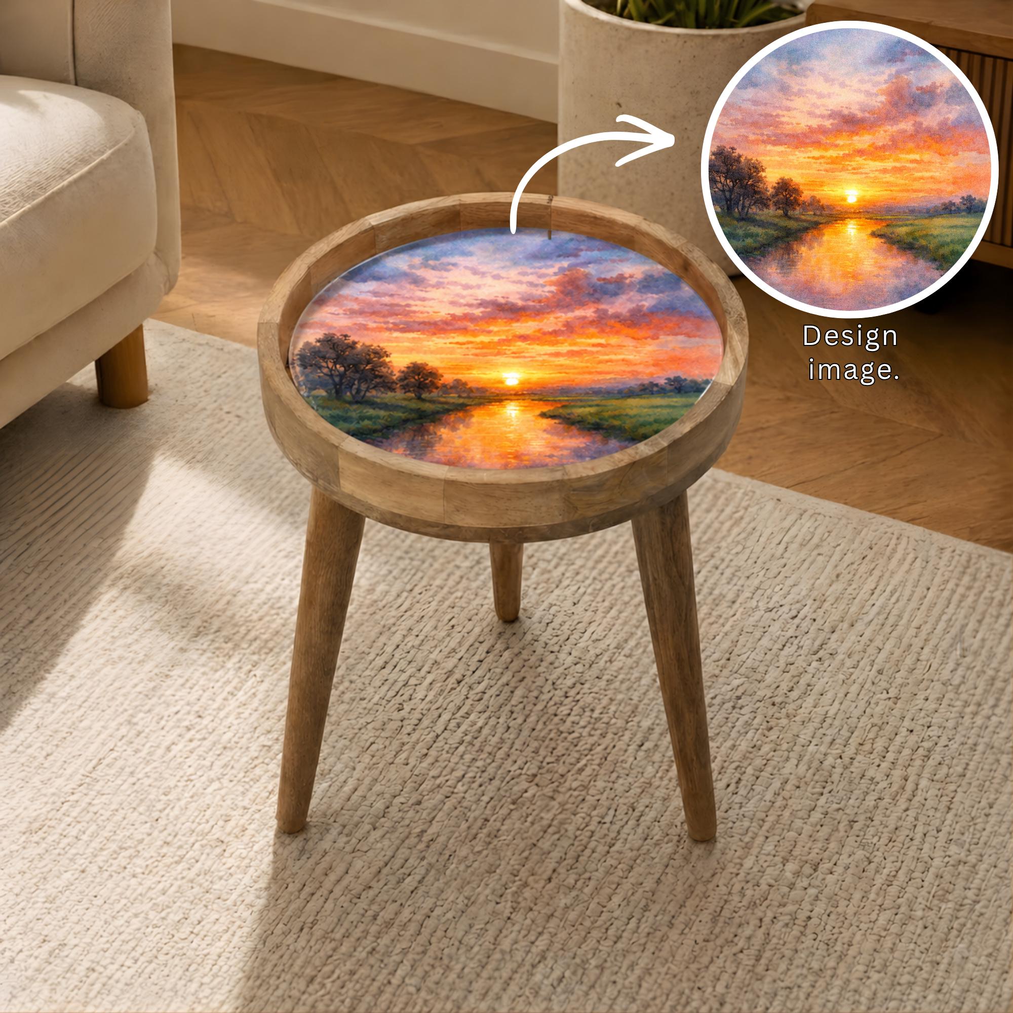 Handmade Printed Mango Wood Side Table | Sunset Landscape Round End Table | Artistic Accent Furniture