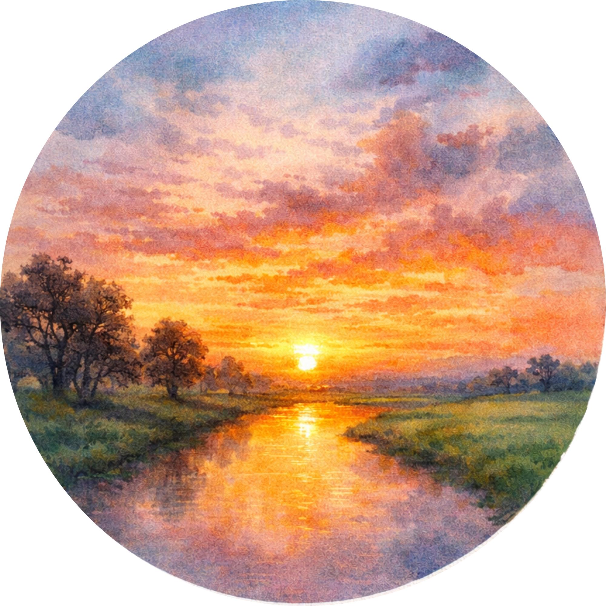 Handmade Printed Mango Wood Side Table | Sunset Landscape Round End Table | Artistic Accent Furniture