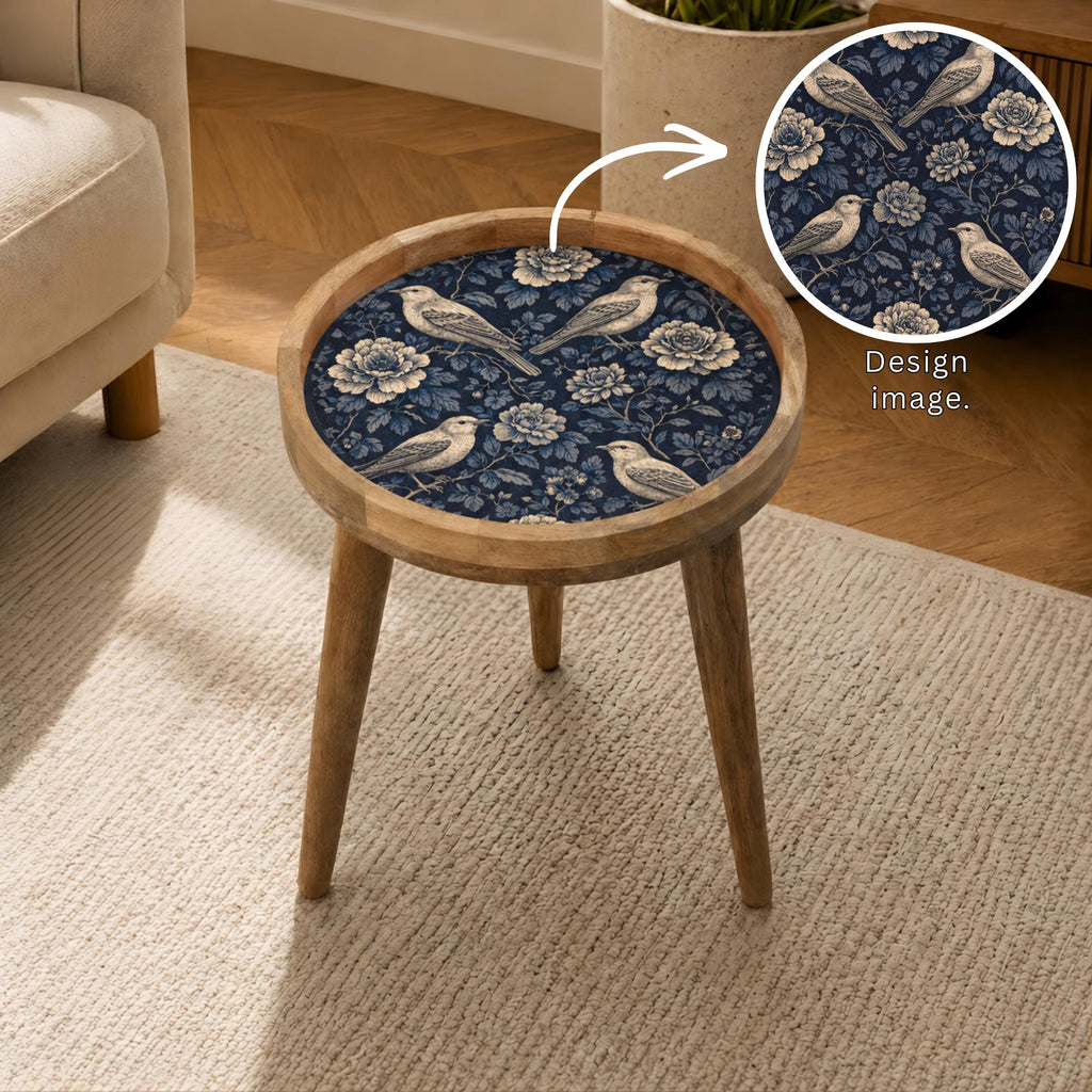 Handmade Mango Wood Side Table | Blue Bird Floral Round Accent Furniture