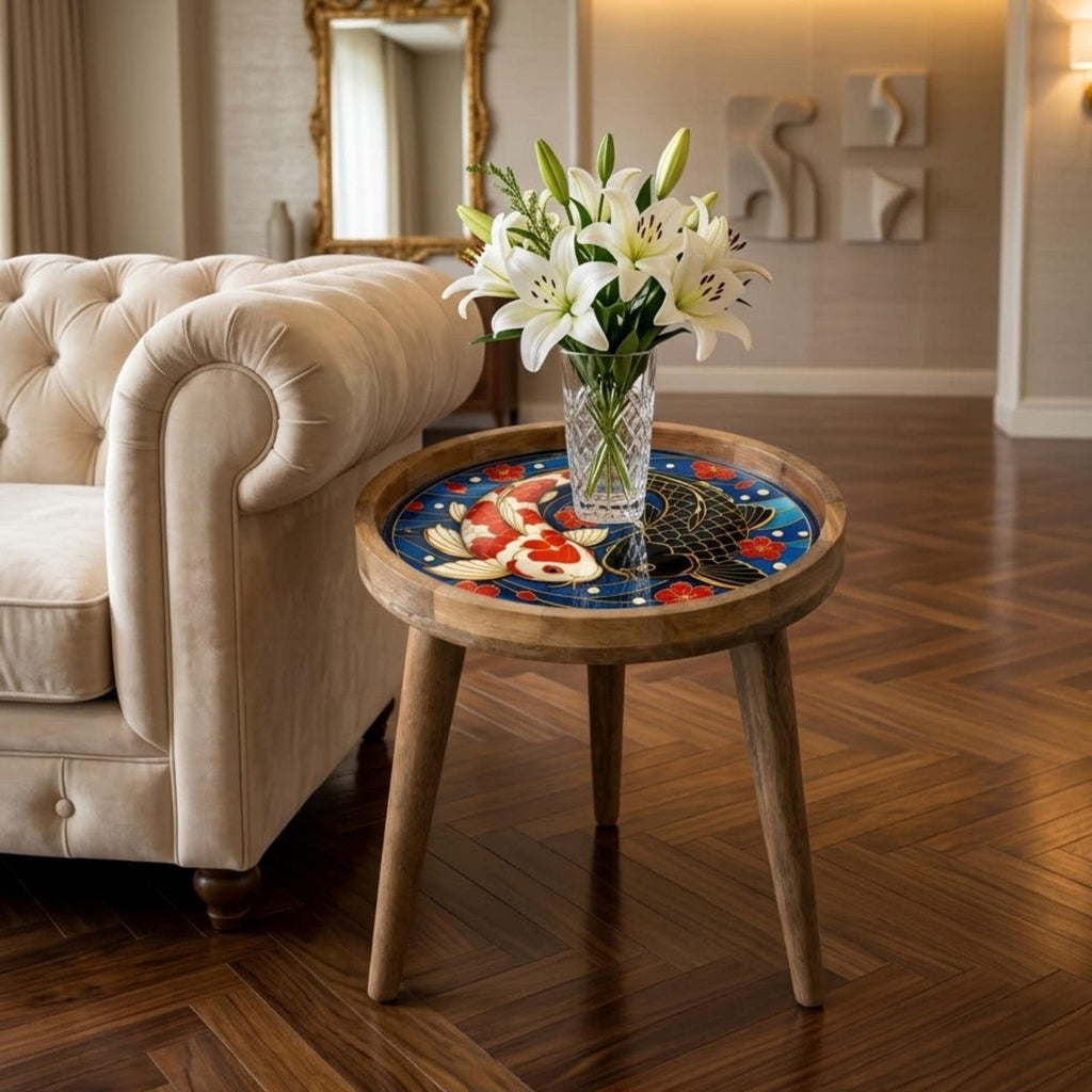 Japanese Koi Round Side Table – Decorative Wood Accent Table