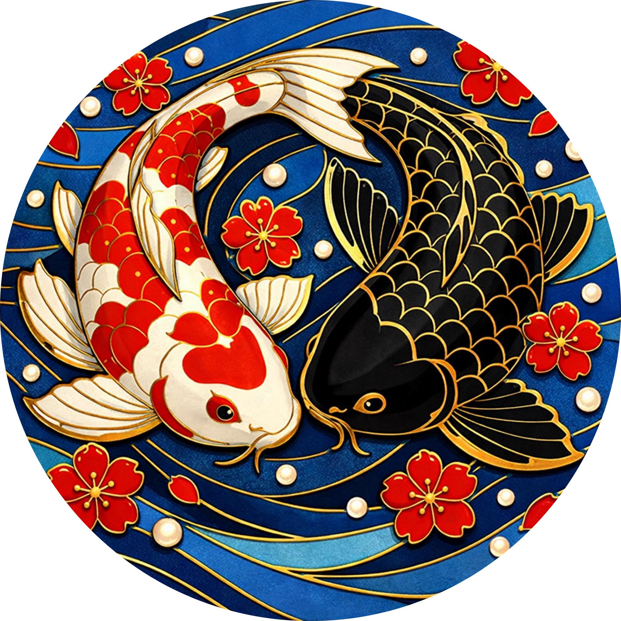 Japanese Koi Round Side Table – Decorative Wood Accent Table