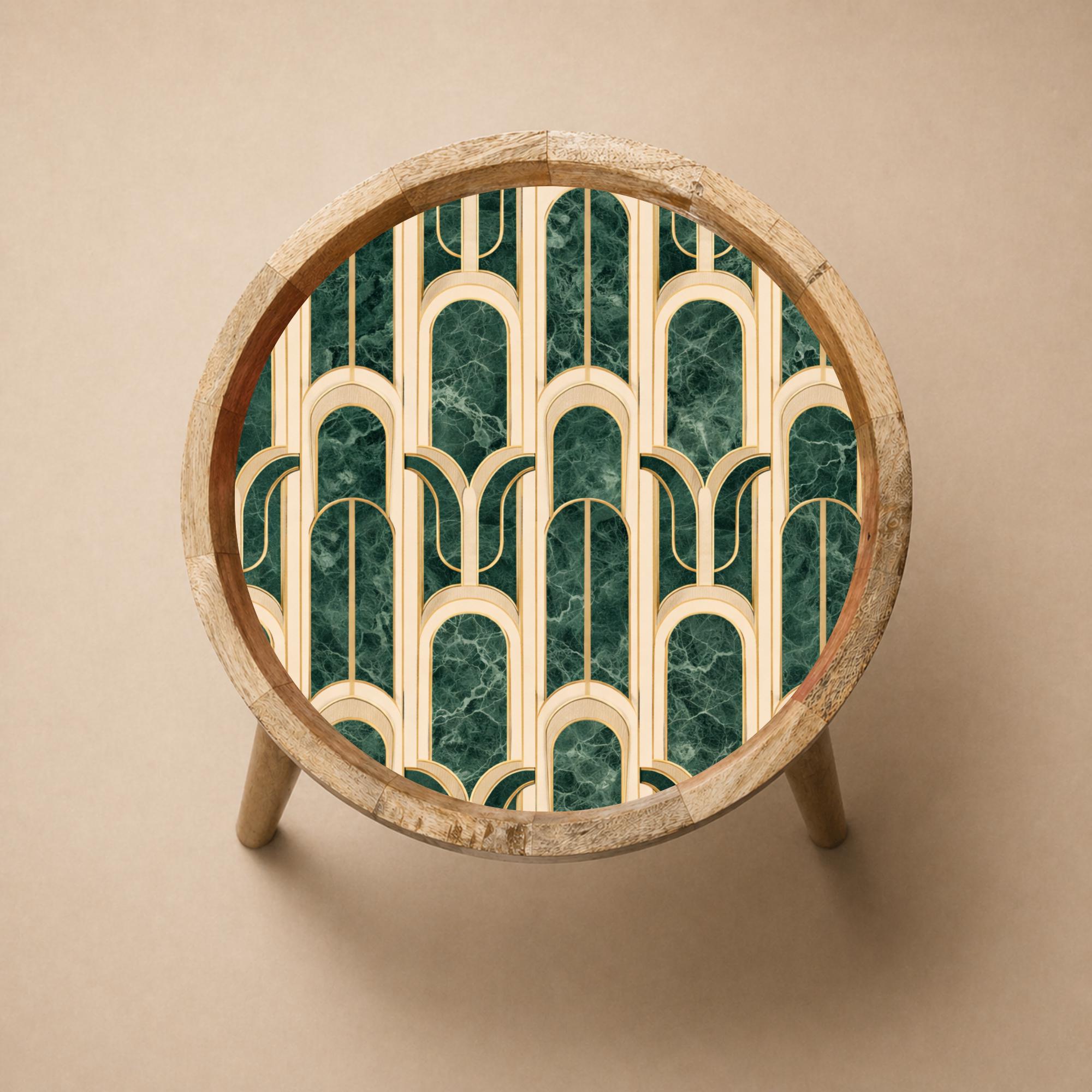 Round Mango Wood Printed End Table | Green Marble Pattern Side Table | Modern Glam Decor