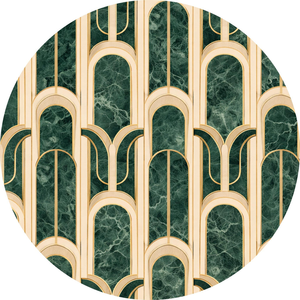 Round Mango Wood Printed End Table | Green Marble Pattern Side Table | Modern Glam Decor