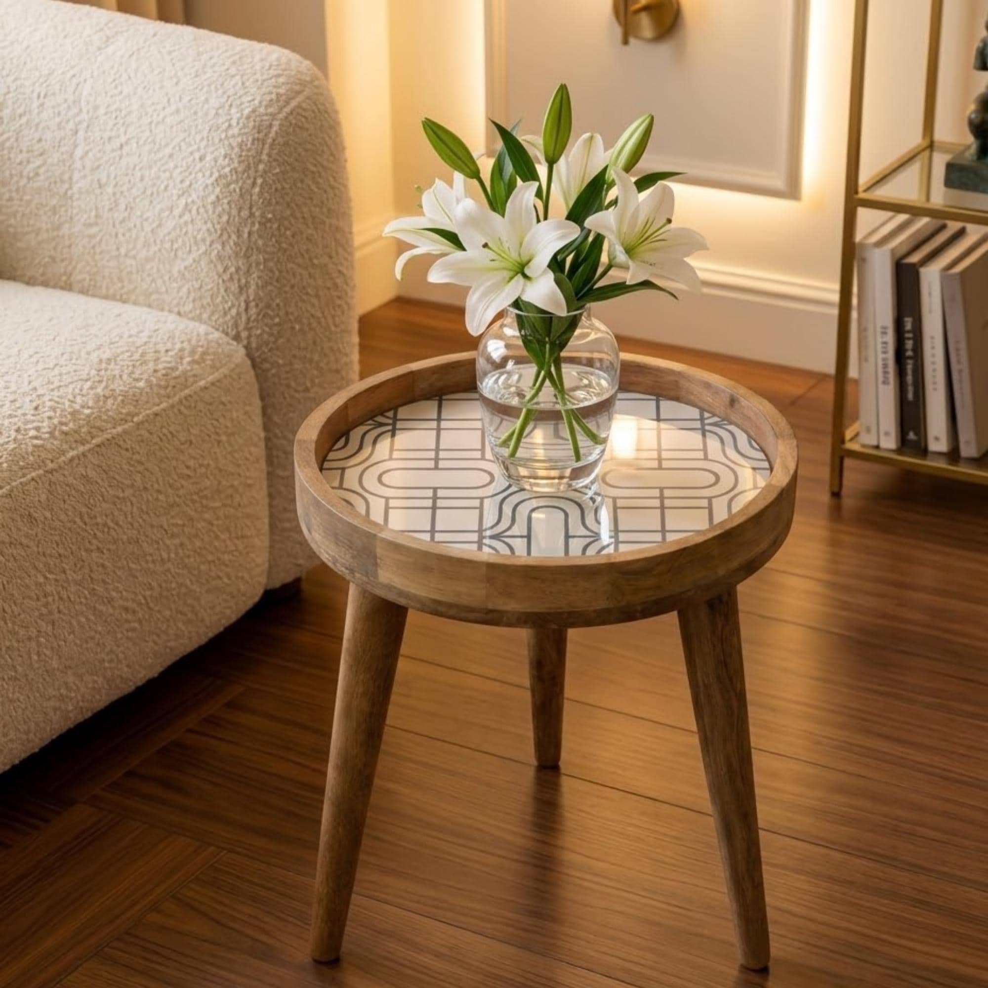 Round Mango Wood Printed End Table | Beige Geometric Side Table | Minimalist Decor
