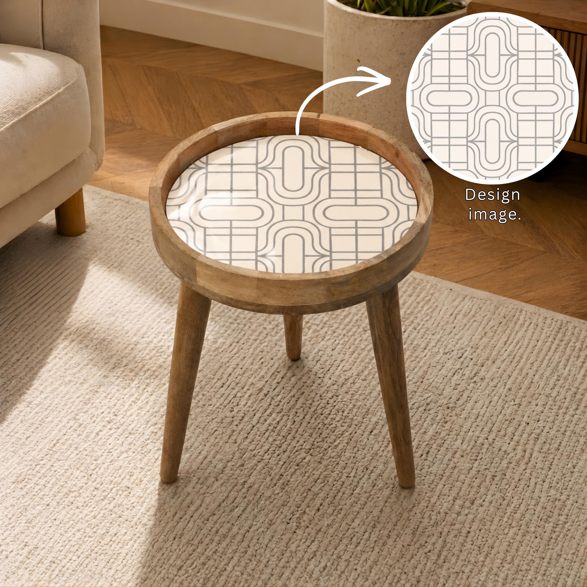 Round Mango Wood Printed End Table | Beige Geometric Side Table | Minimalist Decor