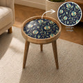 Handmade Printed Mango Wood Side Table | Navy Floral Round End Table | Boho Accent Furniture