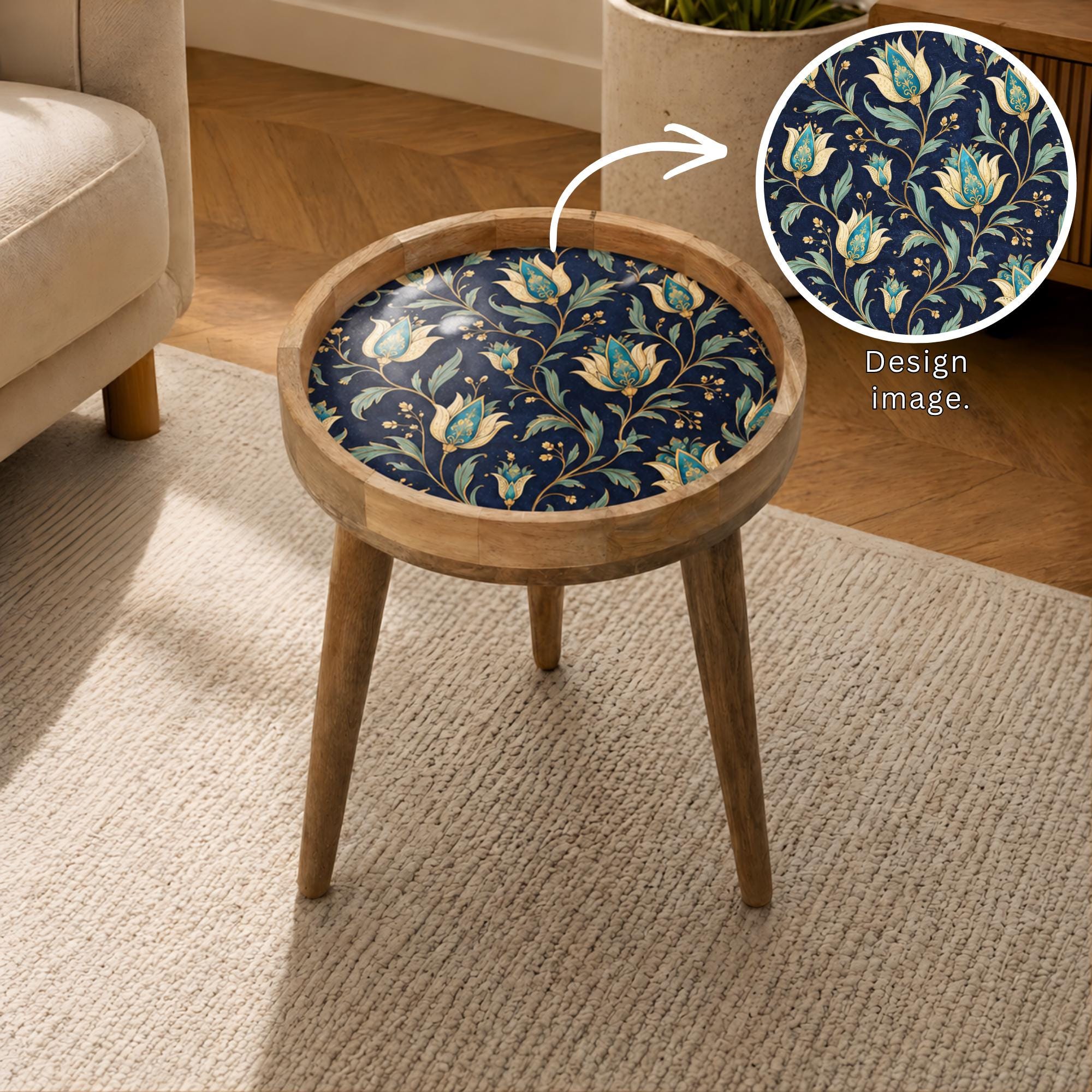 Handmade Printed Mango Wood Side Table | Navy Floral Round End Table | Boho Accent Furniture