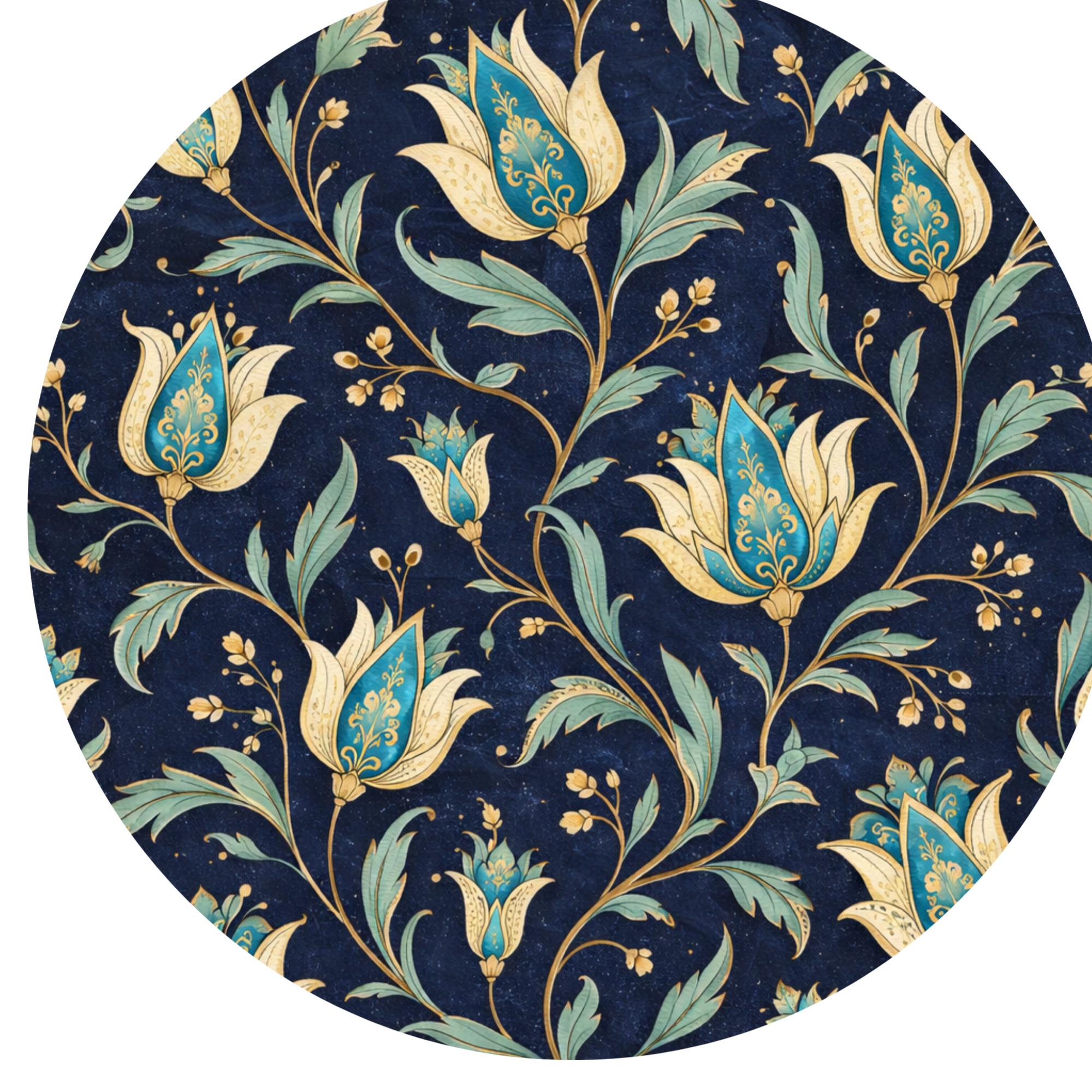 Handmade Printed Mango Wood Side Table | Navy Floral Round End Table | Boho Accent Furniture