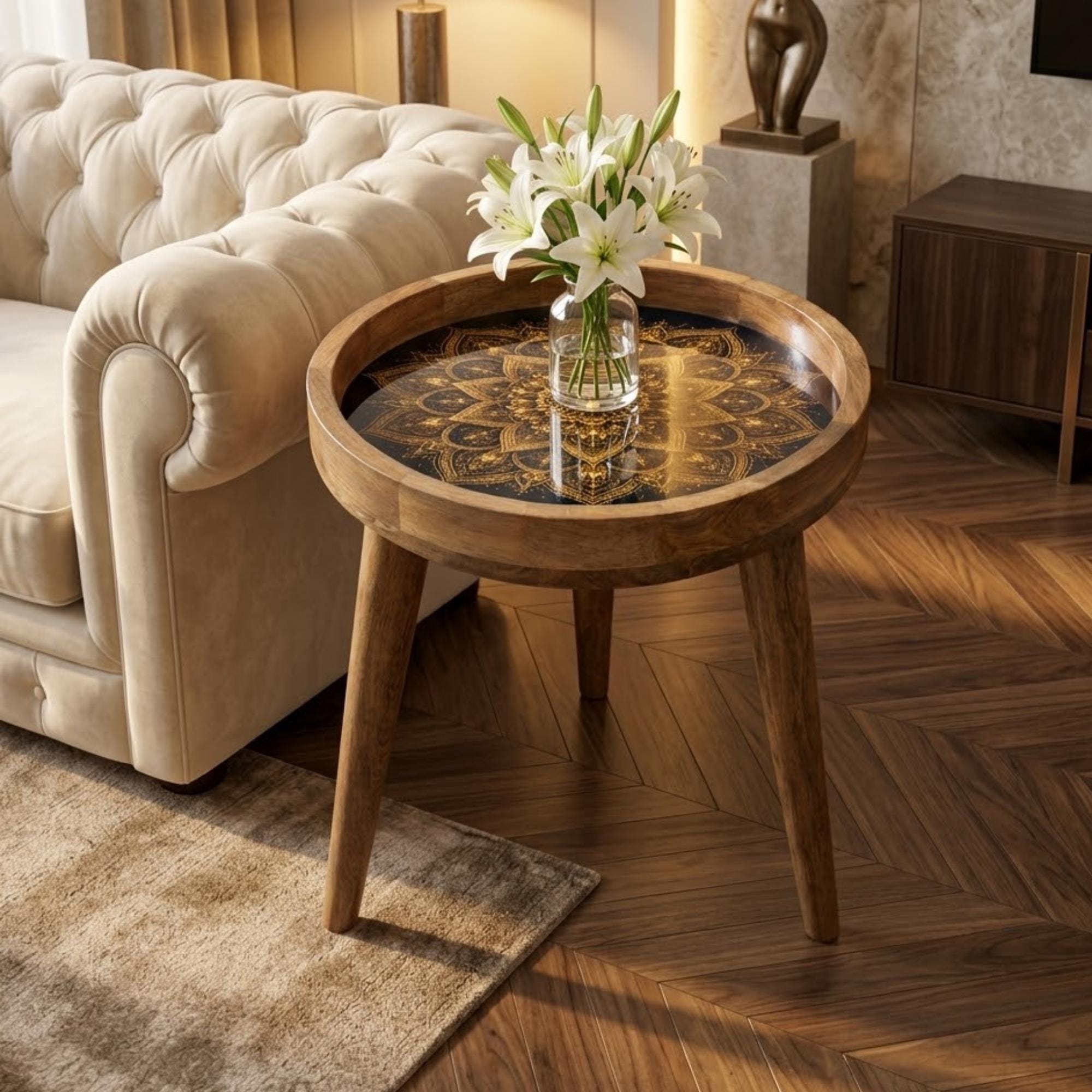 Round Mango Wood Printed End Table | Gold Mandala Side Table | Boho Glam Decor