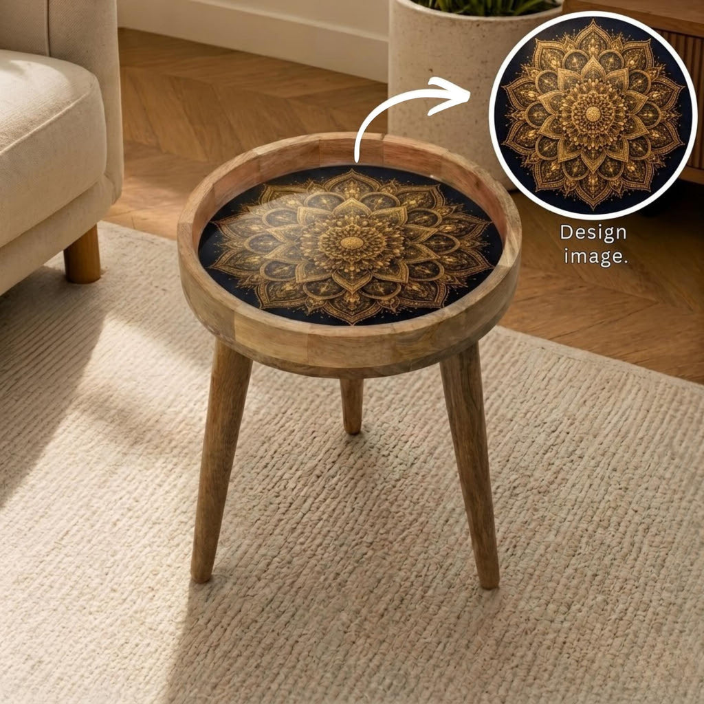 Round Mango Wood Printed End Table | Gold Mandala Side Table | Boho Glam Decor