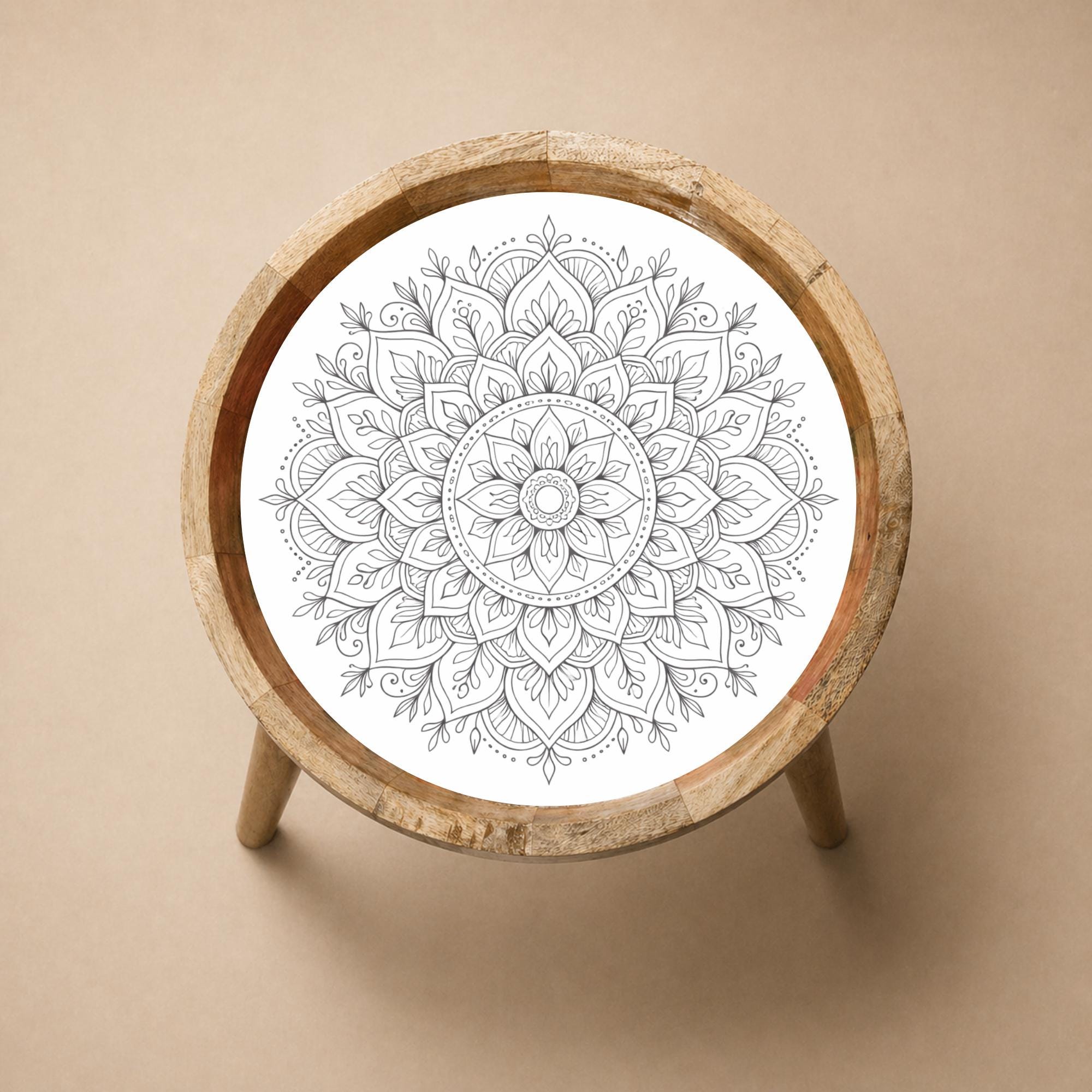 Round Mango Wood Printed End Table | Black White Mandala Side Table | Modern Boho Decor