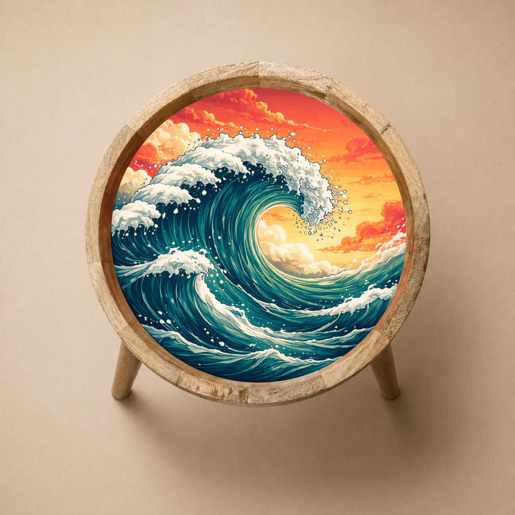 Handmade Mango Wood Side Table | Ocean Wave Print Accent Table | Coastal Decor