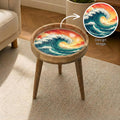 Handmade Mango Wood Side Table | Ocean Wave Print Accent Table | Coastal Decor