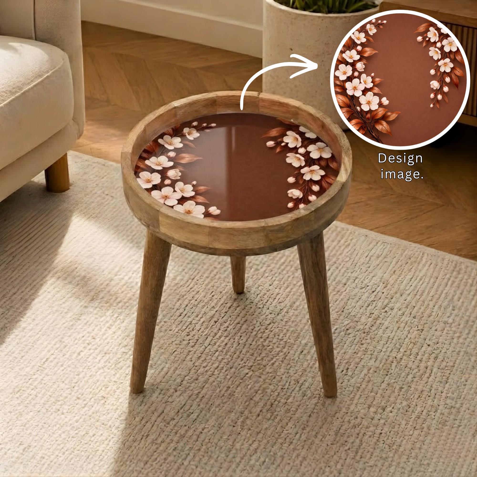 Handmade Mango Wood Side Table | Cherry Blossom Print Round Accent Table