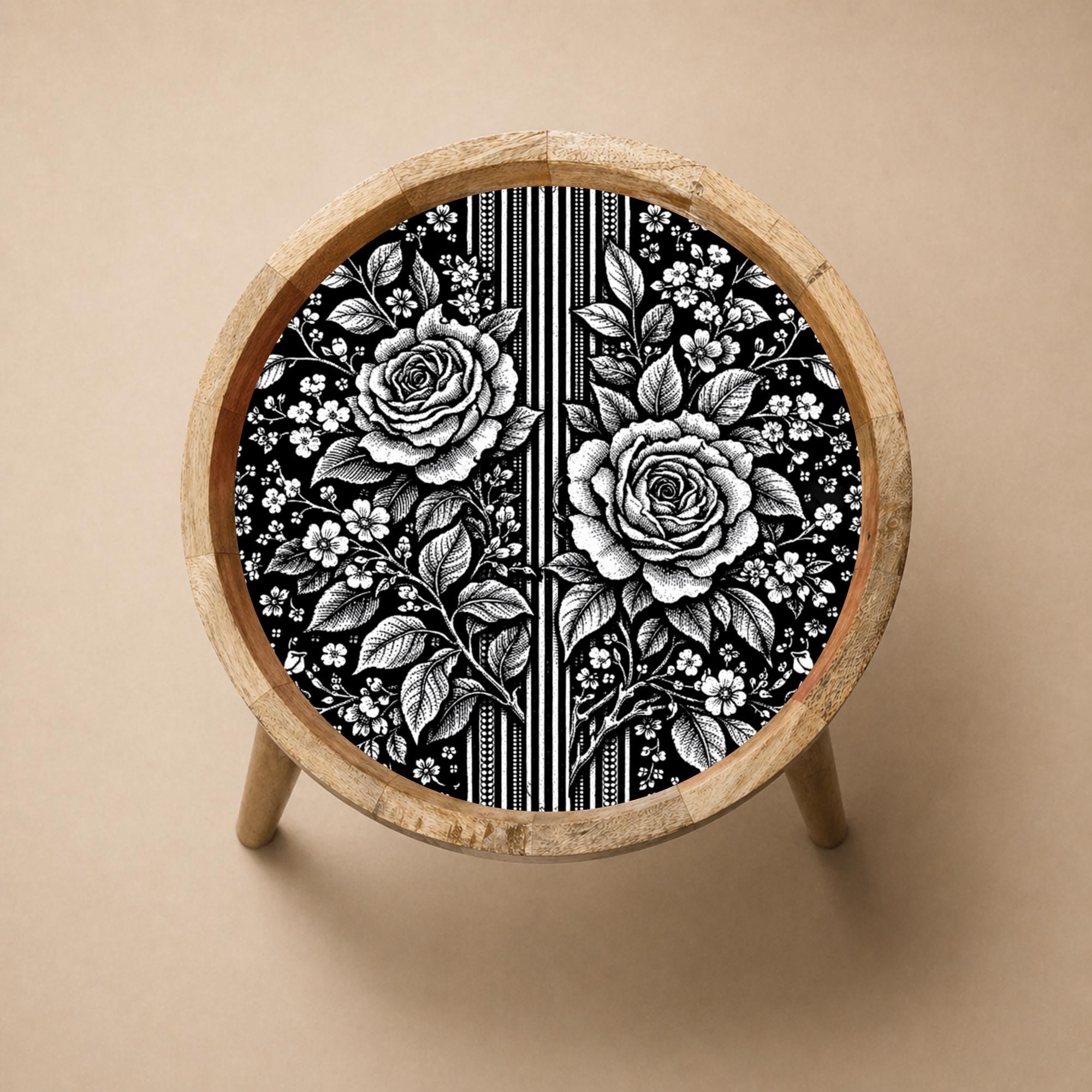 Handmade Mango Wood Side Table | Black White Rose Print Boho Accent Furniture