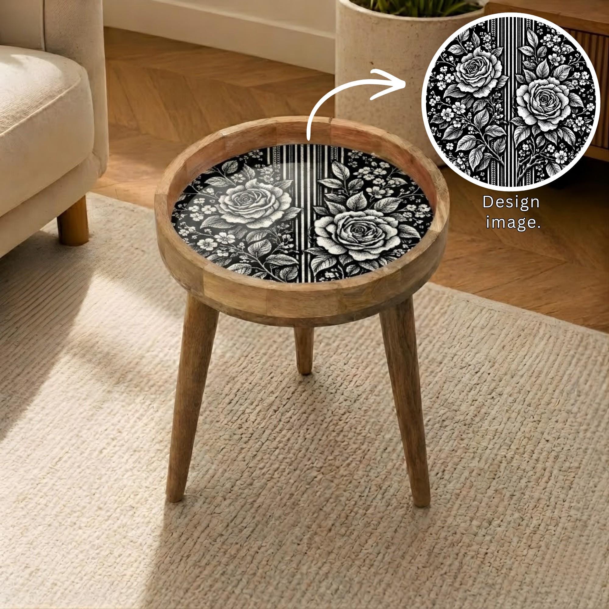 Handmade Mango Wood Side Table | Black White Rose Print Boho Accent Furniture