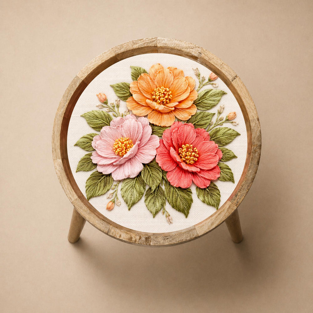 Handmade Mango Wood Side Table with 3D Floral Print | Boho Accent Furniture