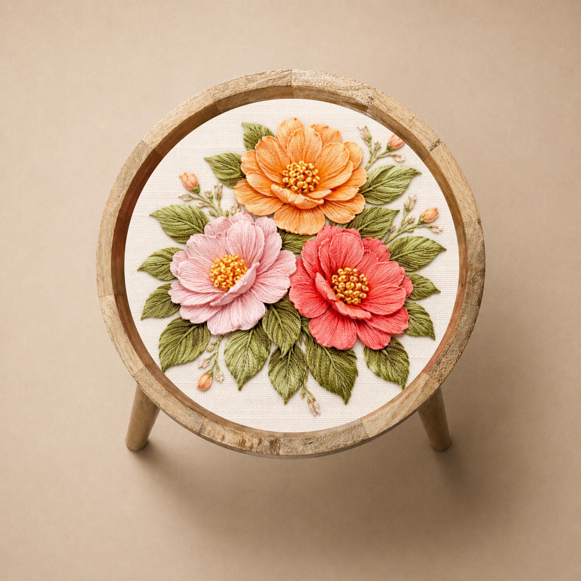 Handmade Mango Wood Side Table with 3D Floral Print | Boho Accent Furniture