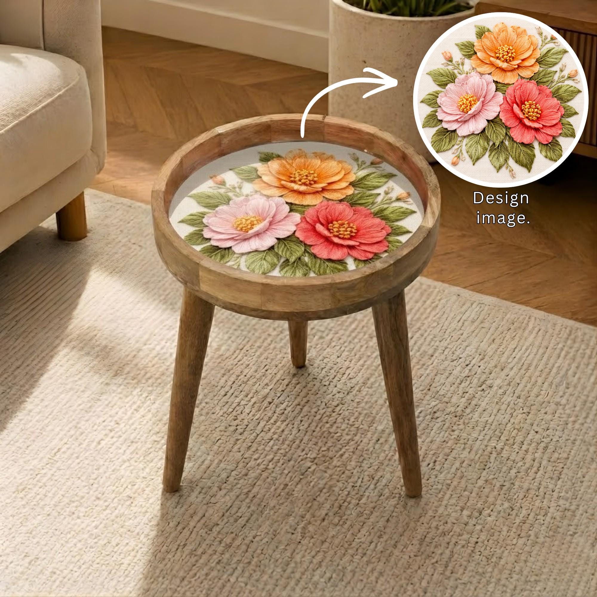 Handmade Mango Wood Side Table with 3D Floral Print | Boho Accent Furniture