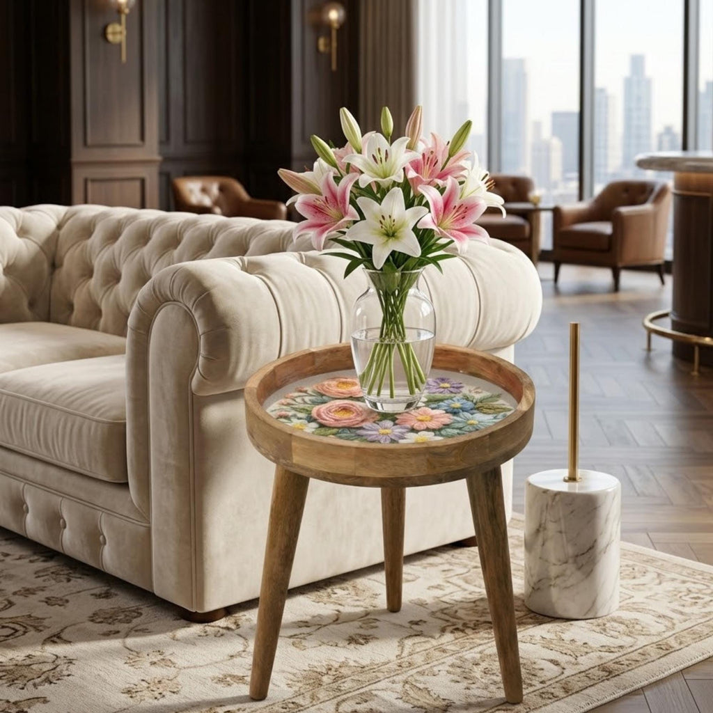 Handmade Mango Wood Side Table | Pastel Floral Print Round Accent Table