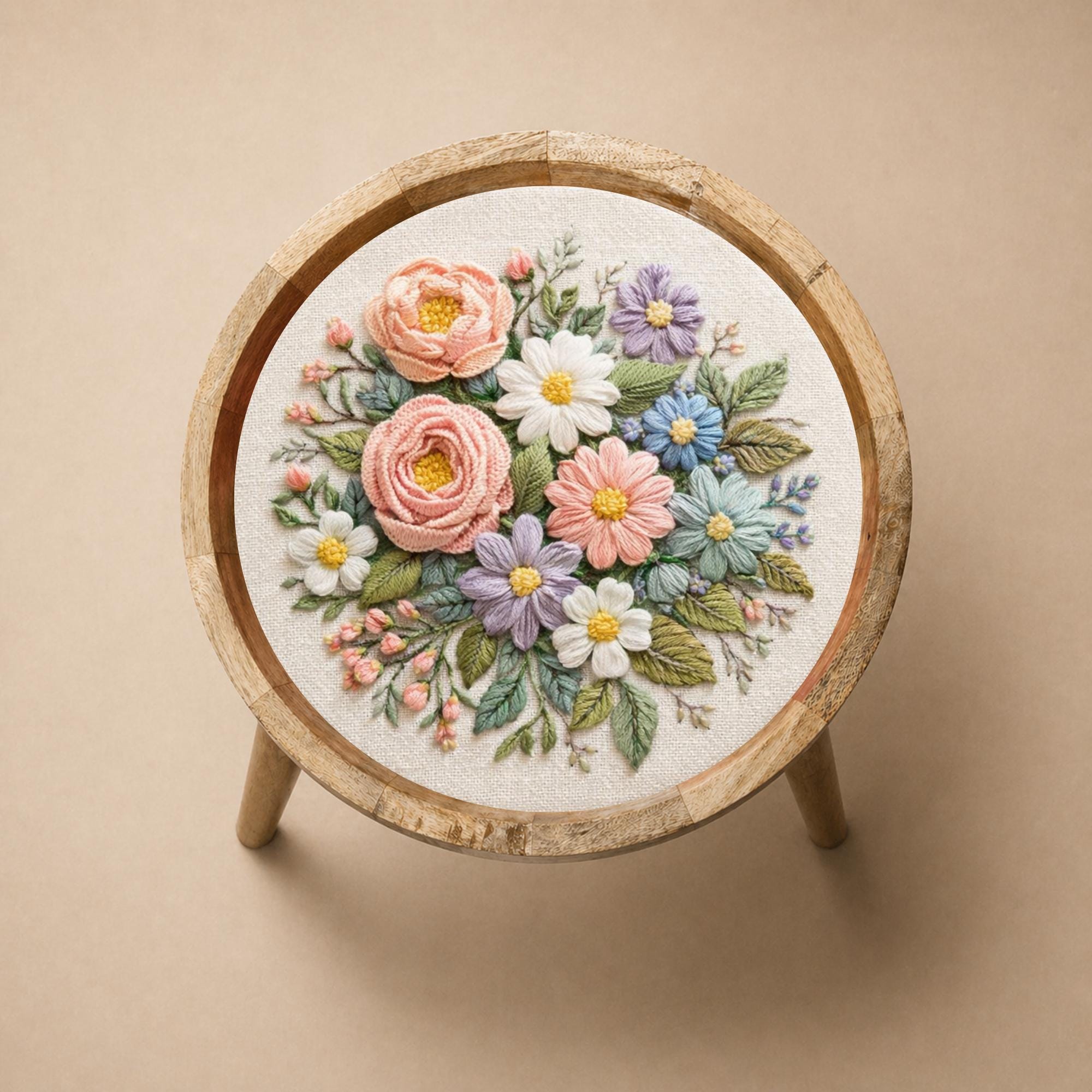 Handmade Mango Wood Side Table | Pastel Floral Print Round Accent Table