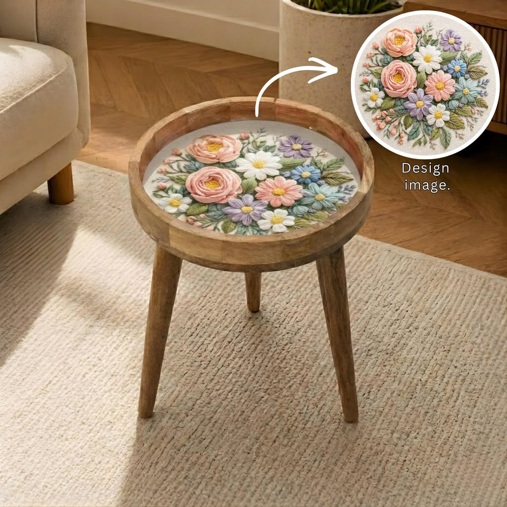 Handmade Mango Wood Side Table | Pastel Floral Print Round Accent Table