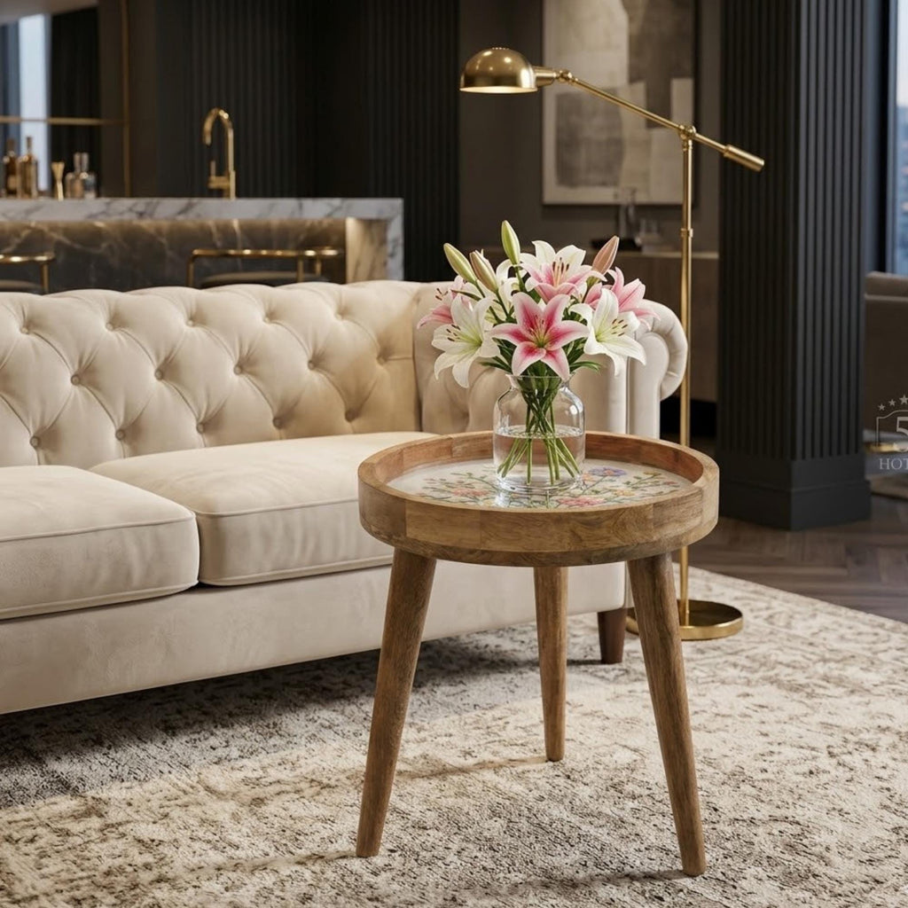 Handmade Mango Wood Side Table | Wildflower Print Round Accent Table