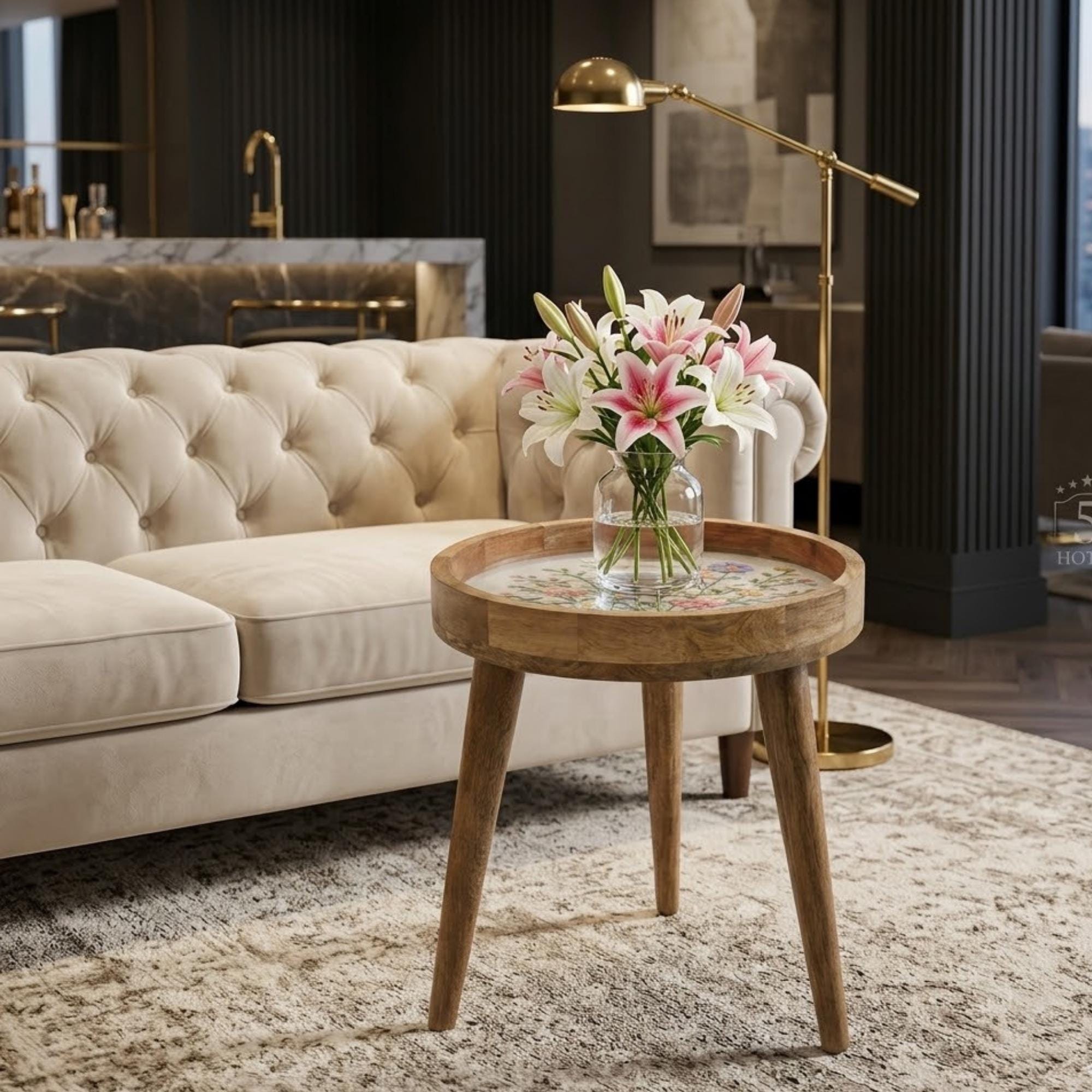 Handmade Mango Wood Side Table | Wildflower Print Round Accent Table
