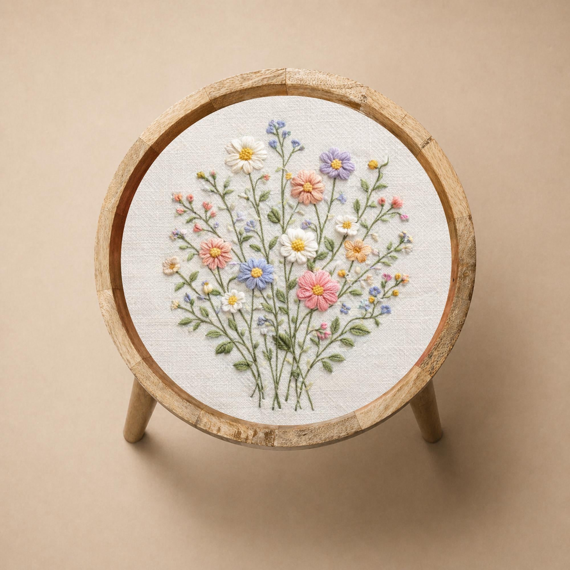 Handmade Mango Wood Side Table | Wildflower Print Round Accent Table