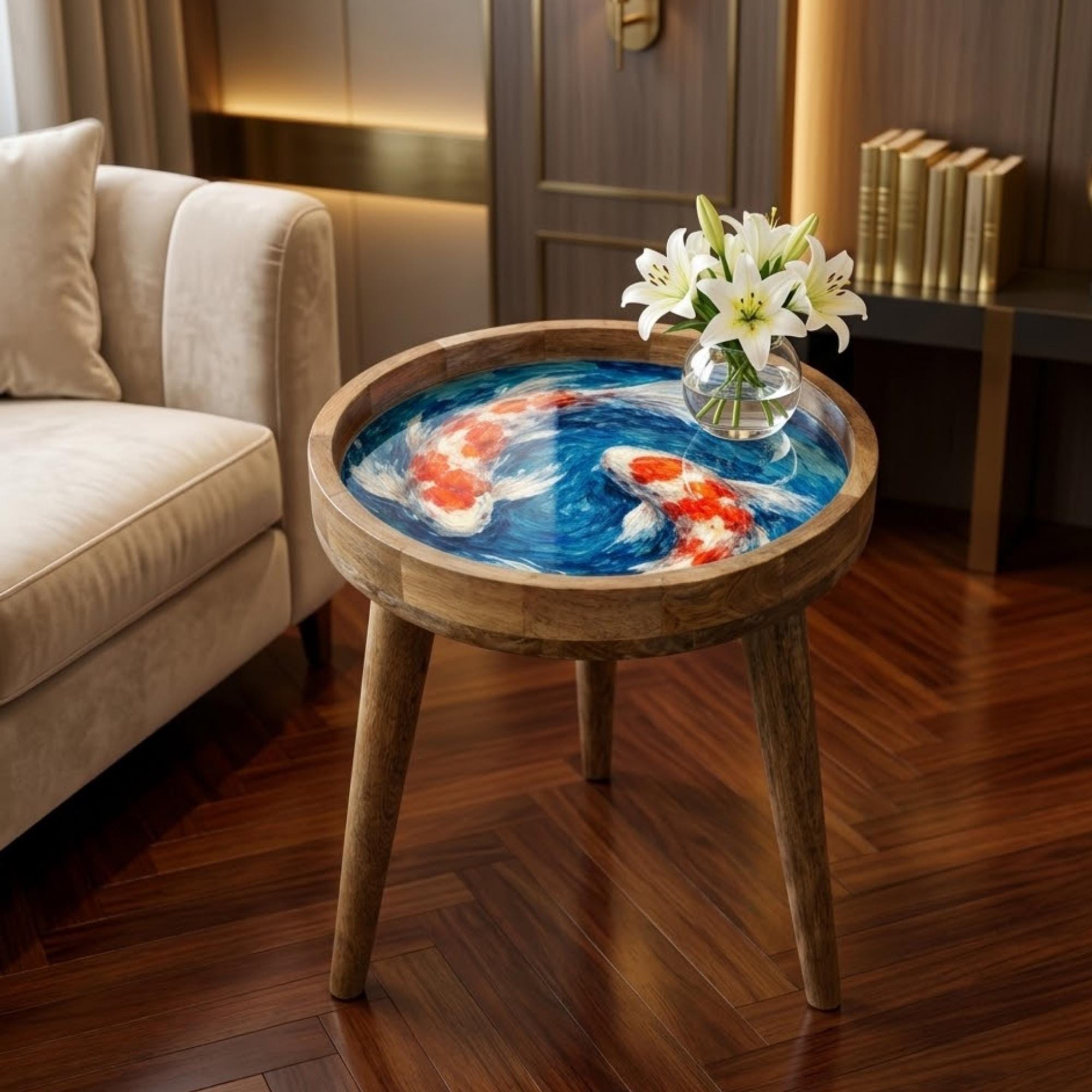 Handmade Mango Wood Side Table | Koi Fish Print Round Accent Table