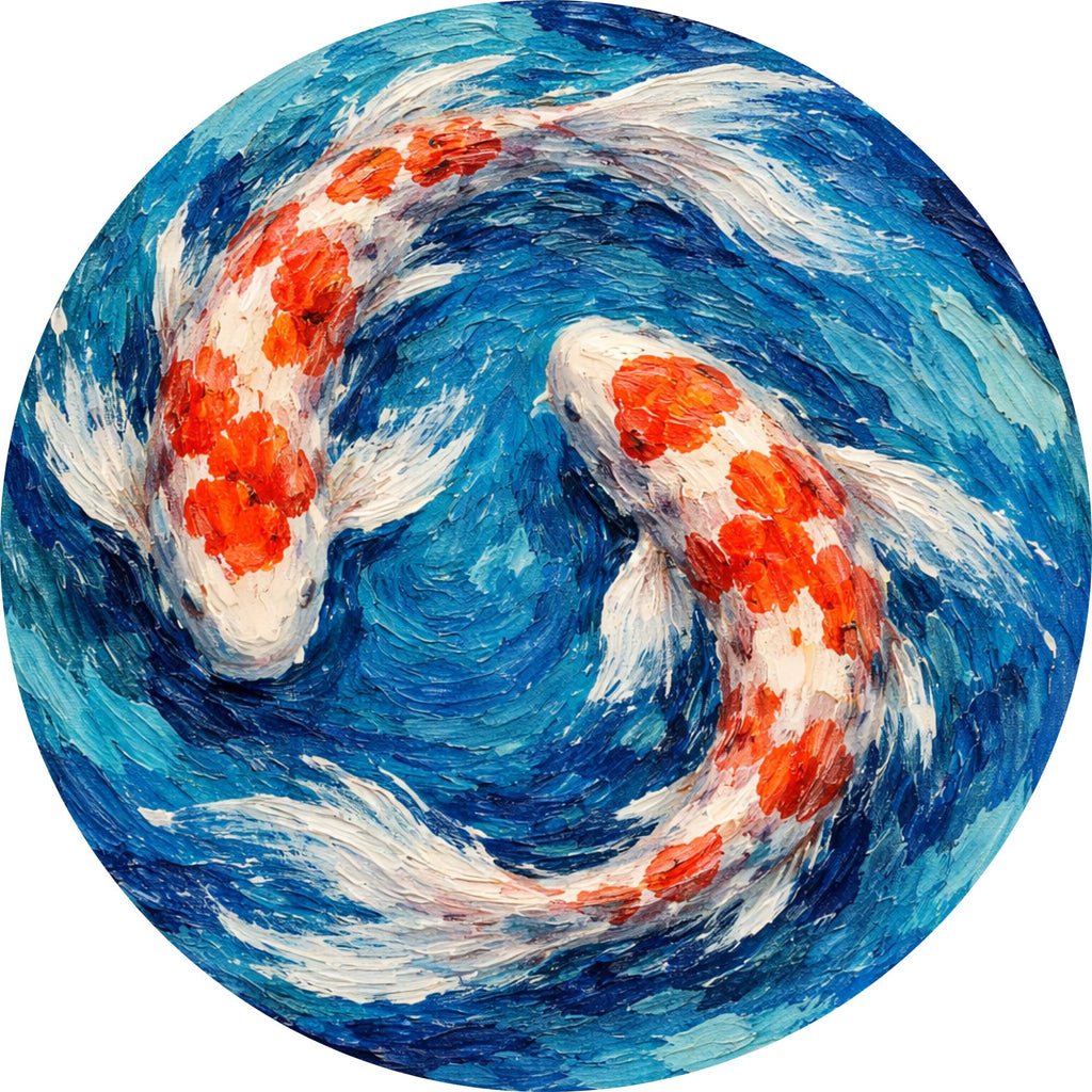 Handmade Mango Wood Side Table | Koi Fish Print Round Accent Table
