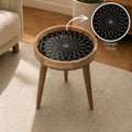 Handmade Mango Wood Side Table | Black Mandala Print Accent Table | Boho Gold Detail