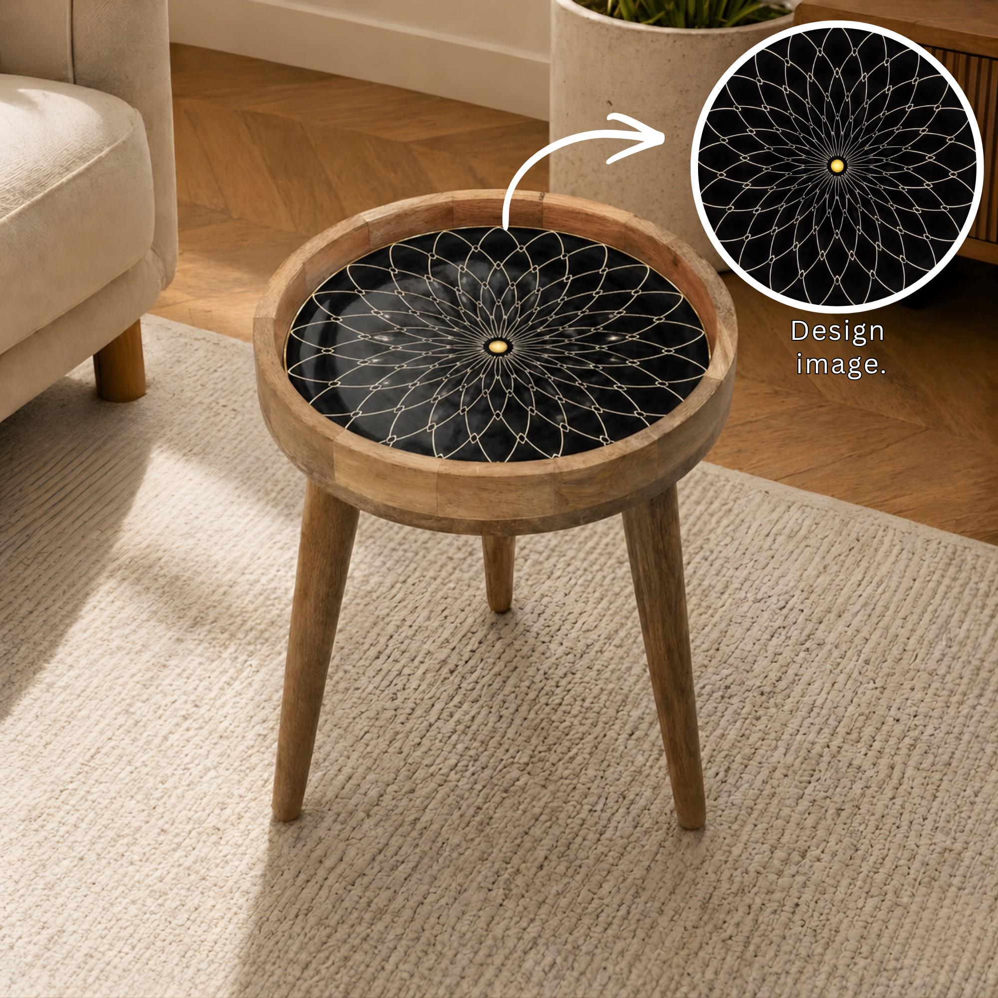 Handmade Mango Wood Side Table | Black Mandala Print Accent Table | Boho Gold Detail