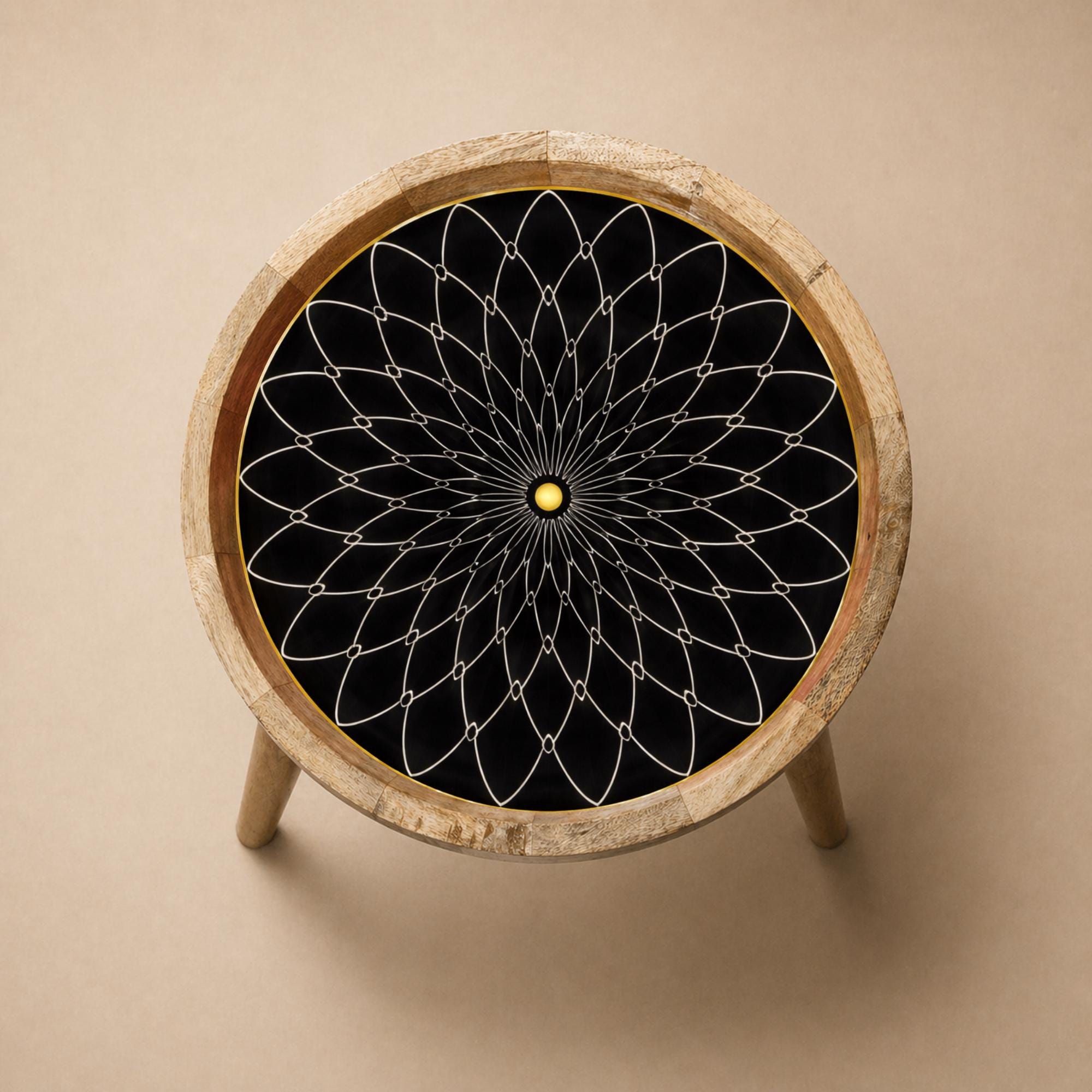Handmade Mango Wood Side Table | Black Mandala Print Accent Table | Boho Gold Detail