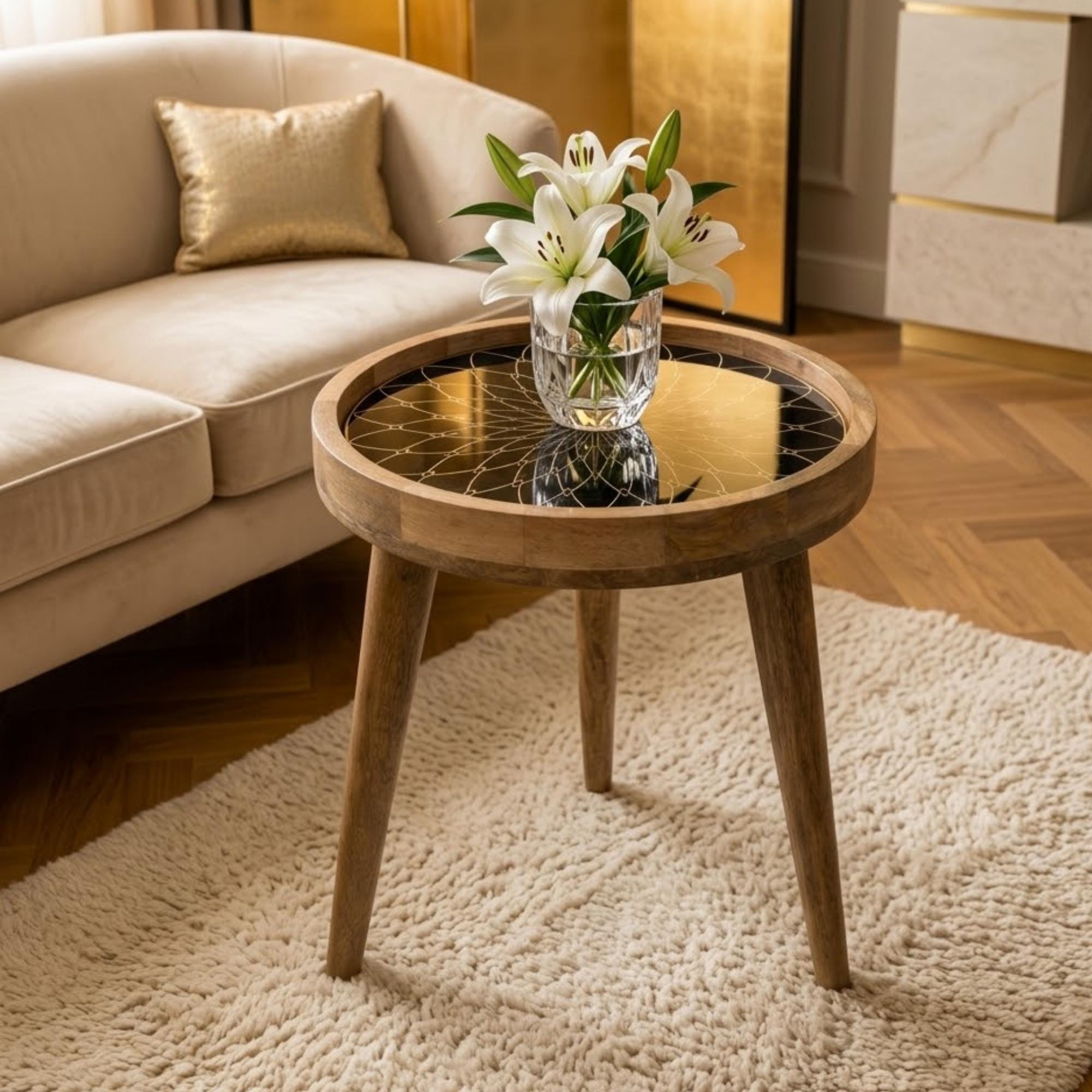 Handmade Mango Wood Side Table | Black Mandala Print Accent Table | Boho Gold Detail