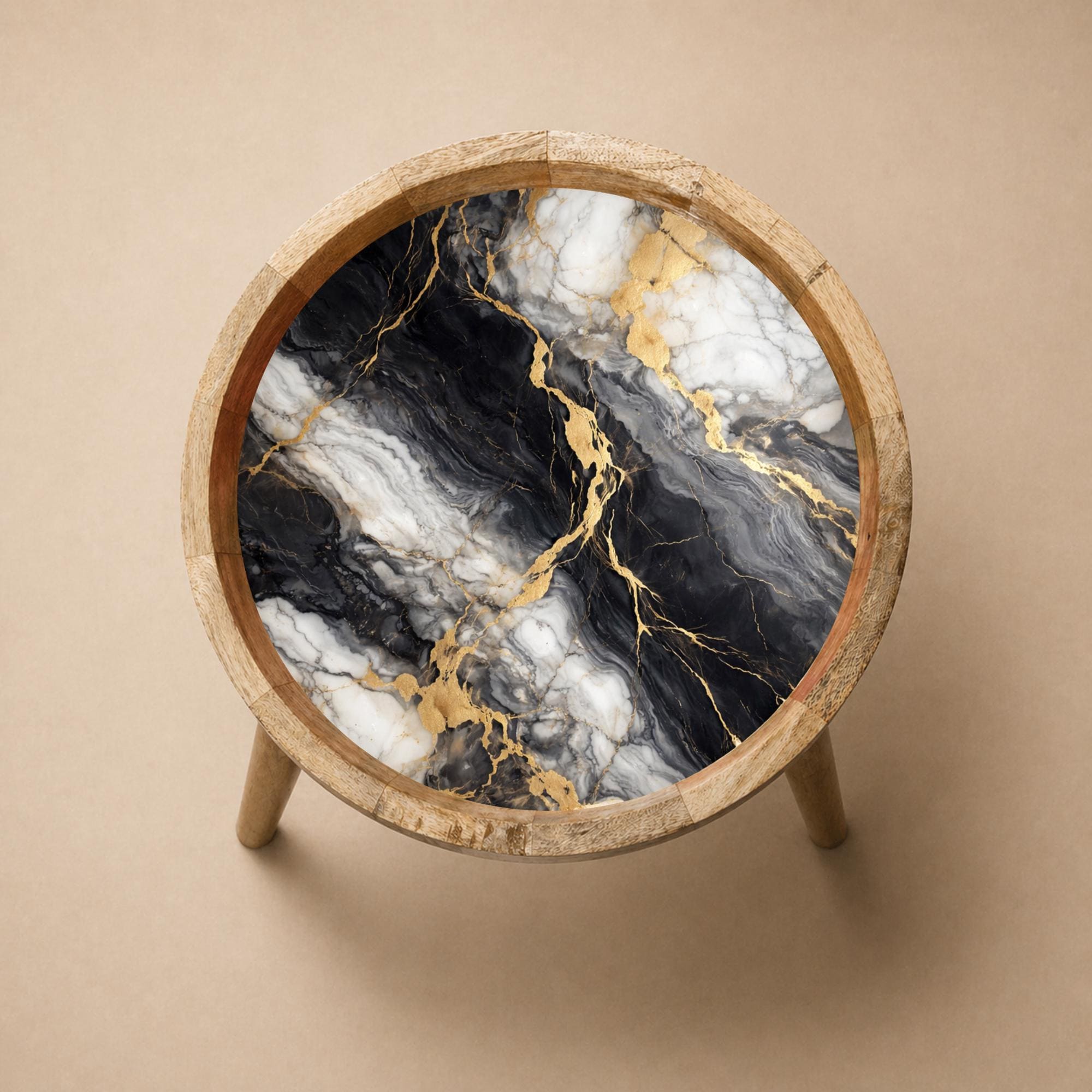 Handmade Mango Wood Side Table | Black and White Marble Print | Round Modern Accent Table