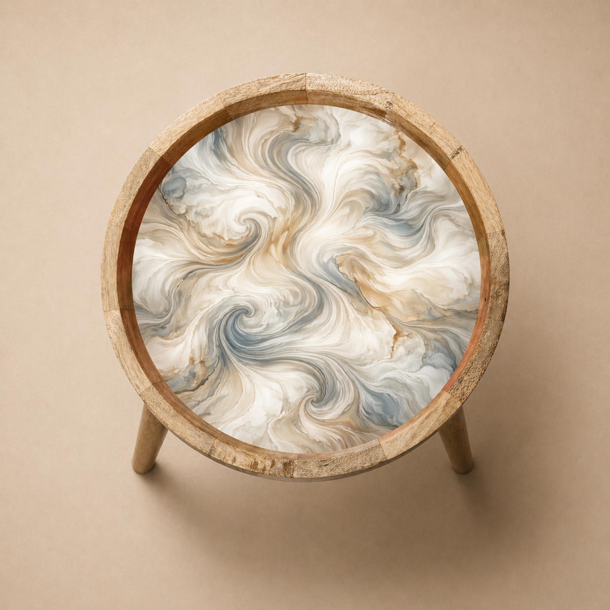 Handmade Mango Wood Side Table | Neutral Marble Swirl Print Accent Table