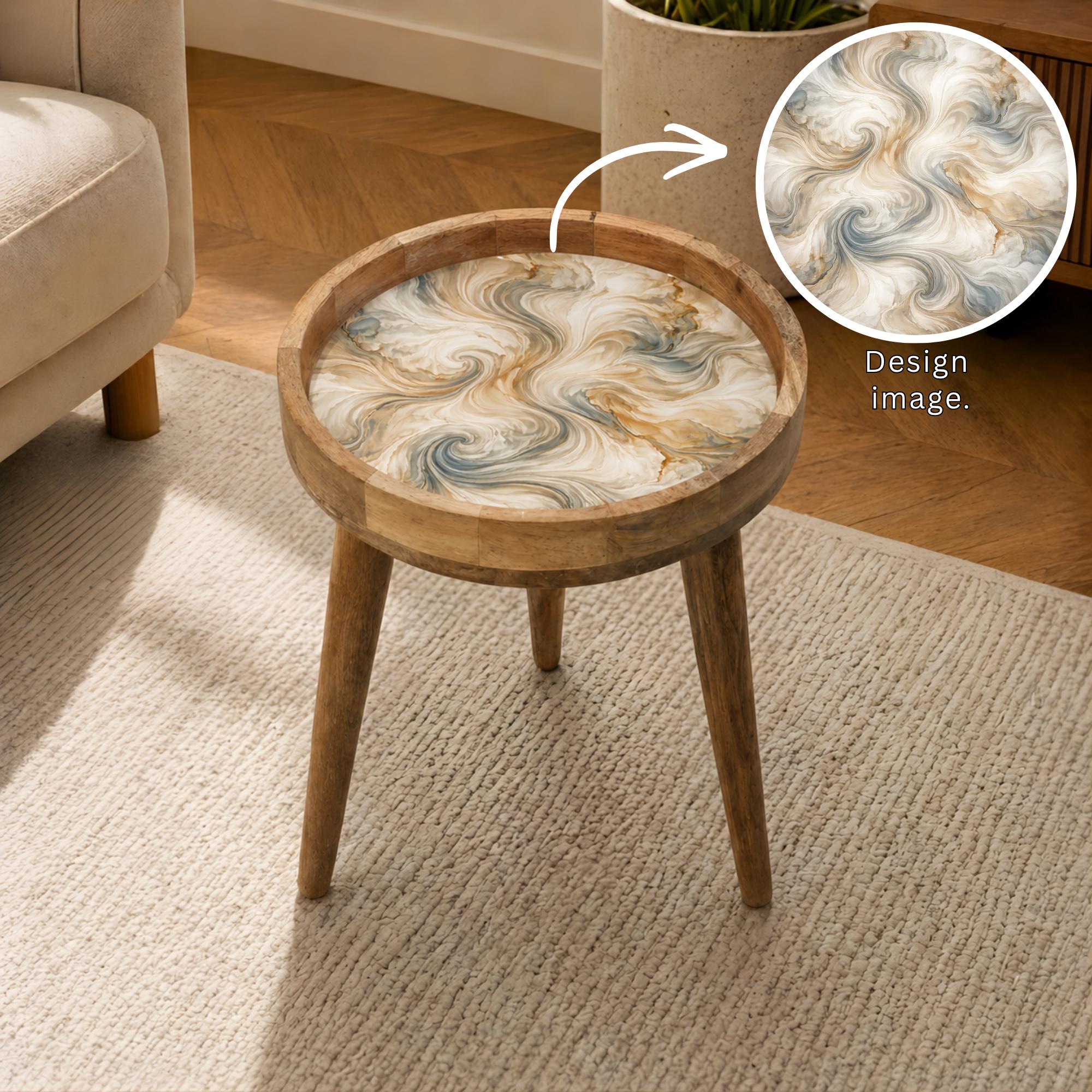 Handmade Mango Wood Side Table | Neutral Marble Swirl Print Accent Table