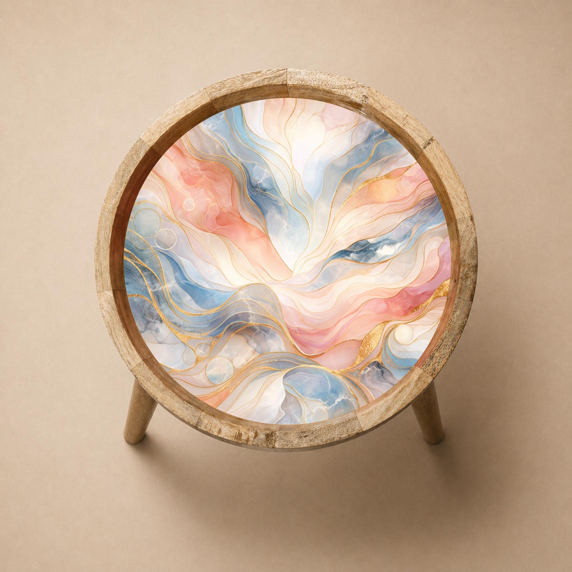 Handmade Mango Wood Side Table | Pastel Marble Print Round Accent Table