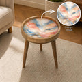 Handmade Mango Wood Side Table | Pastel Marble Print Round Accent Table