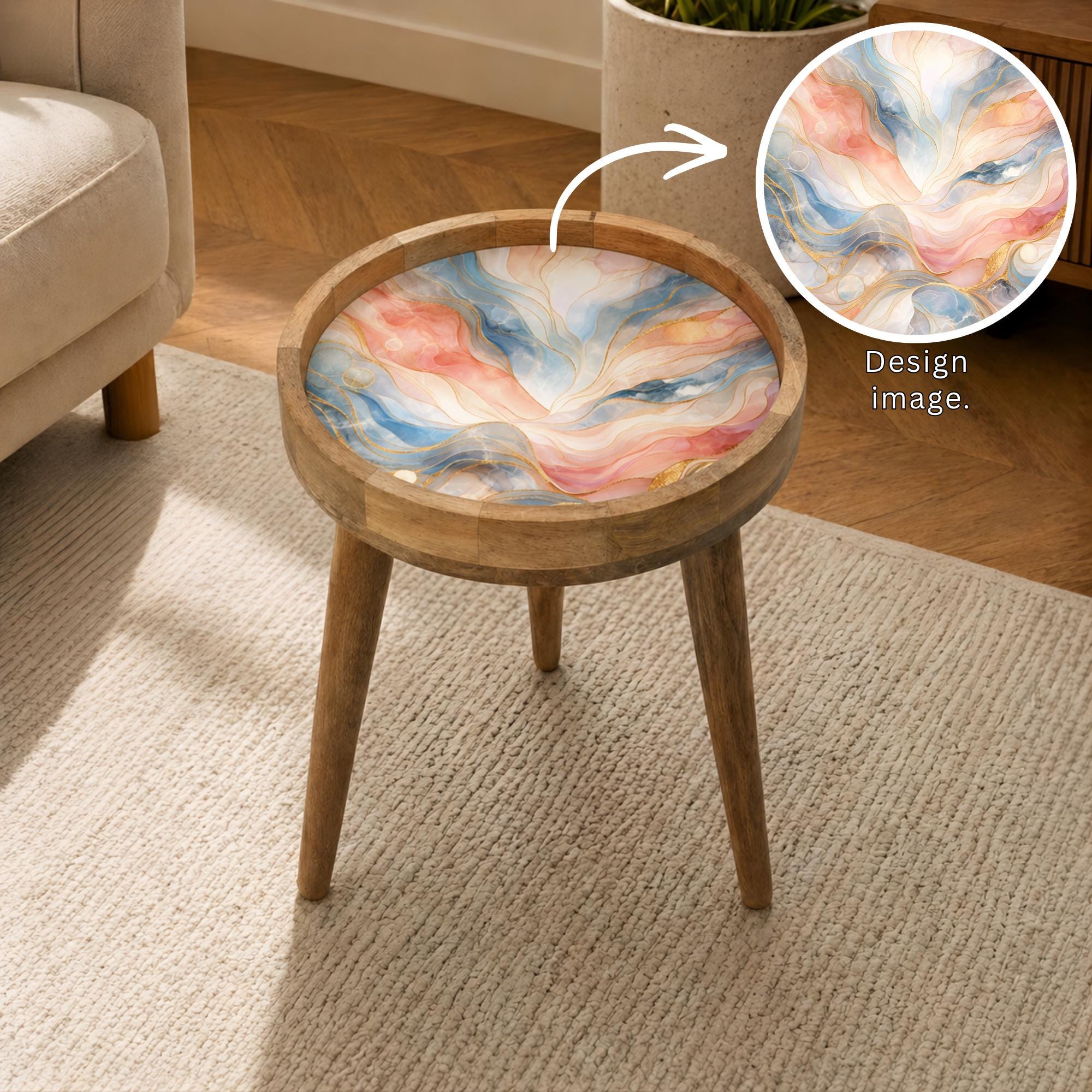 Handmade Mango Wood Side Table | Pastel Marble Print Round Accent Table